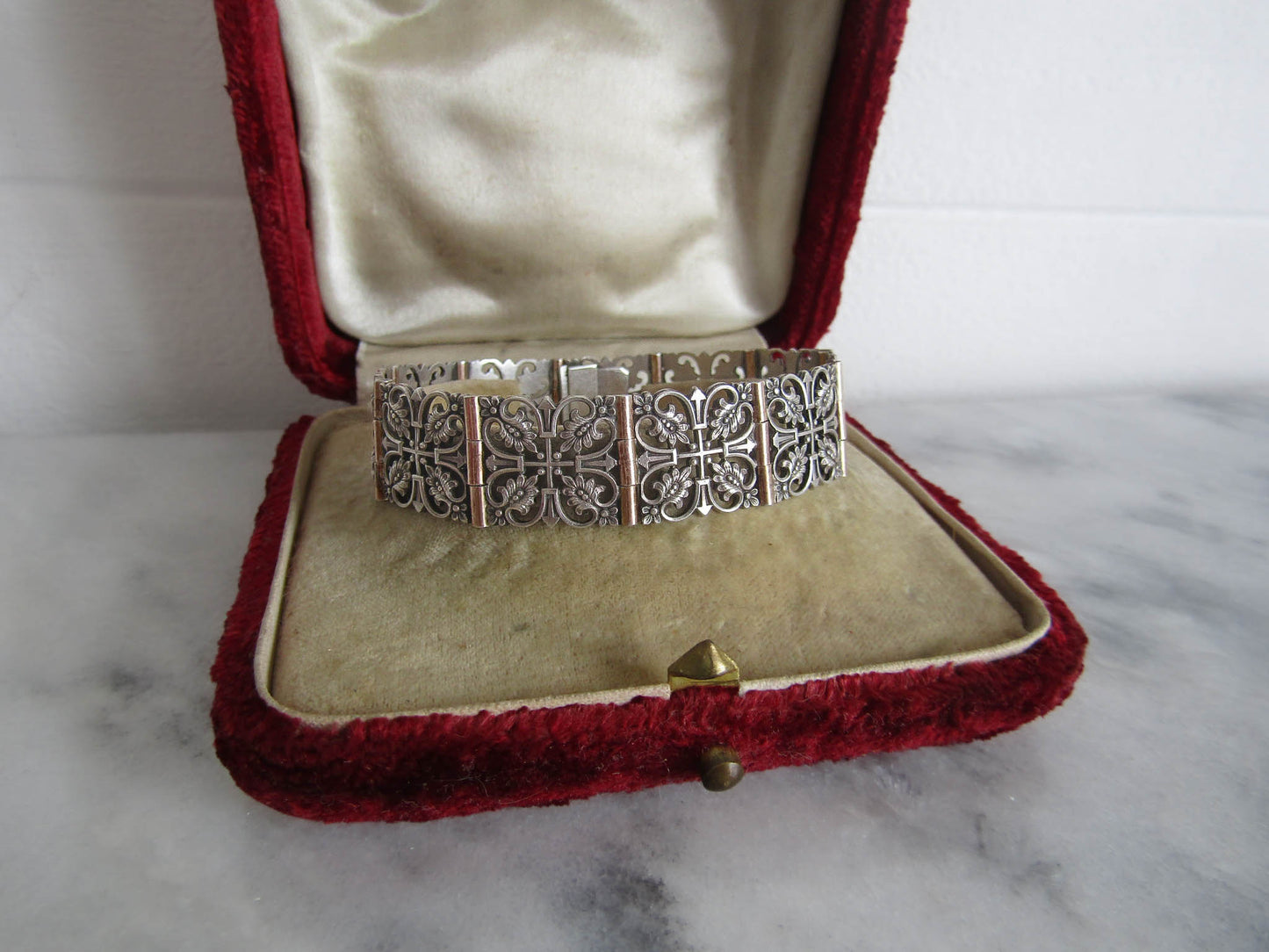 Antique French Silver Belle Epoque Link Bracelet with Leaves and Rose Gold Accents