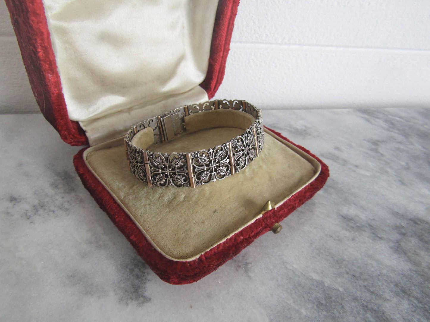 Antique French Silver Belle Epoque Link Bracelet with Leaves and Rose Gold Accents