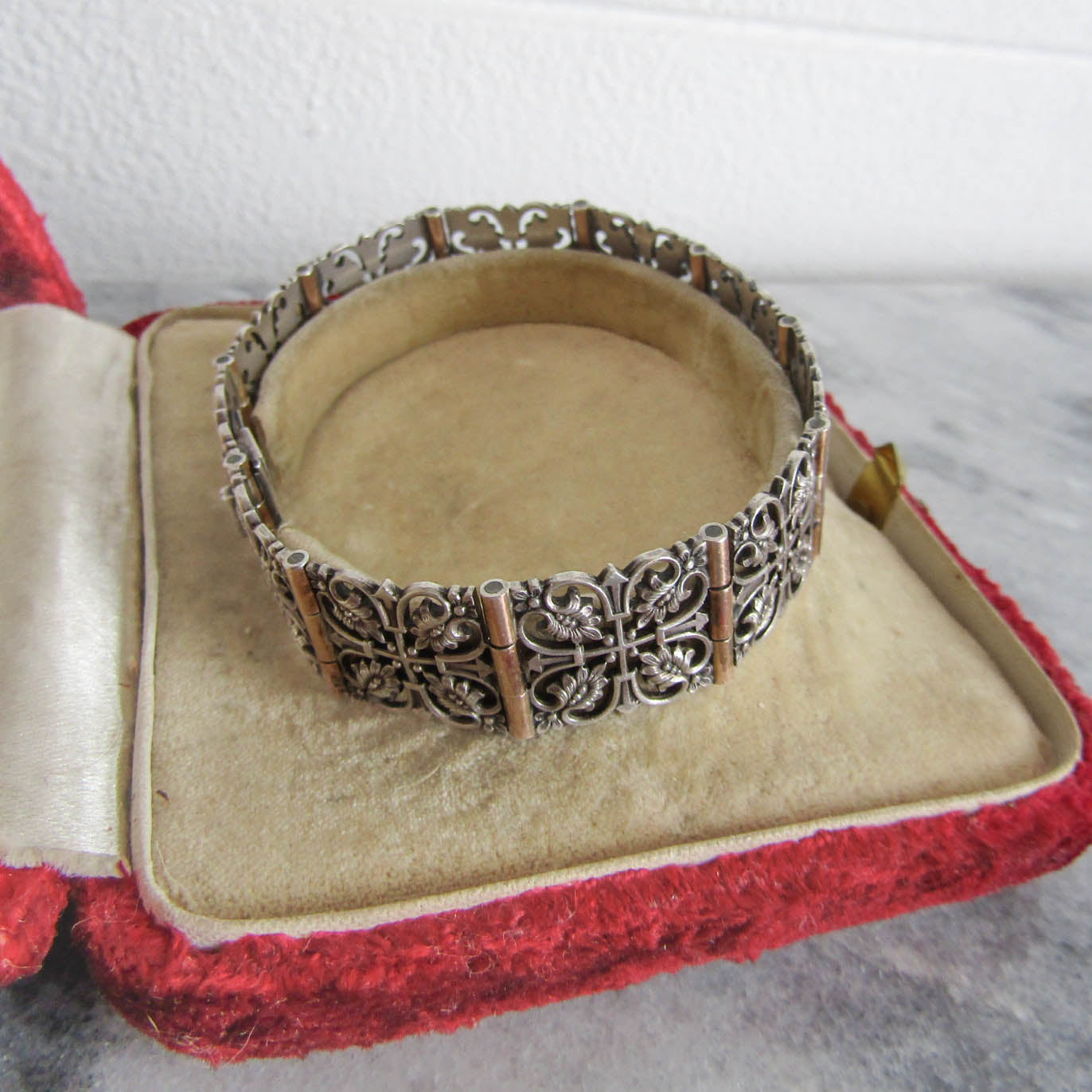 Antique French Silver Belle Epoque Link Bracelet with Leaves and Rose Gold Accents