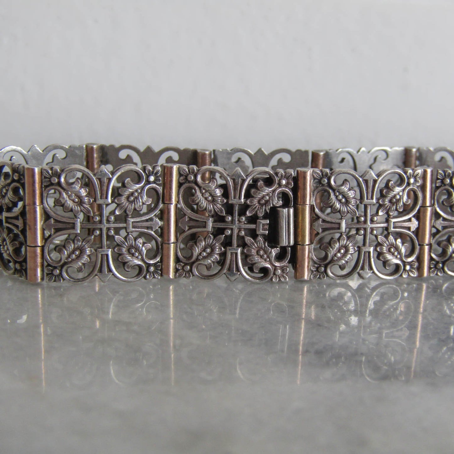 Antique French Silver Belle Epoque Link Bracelet with Leaves and Rose Gold Accents