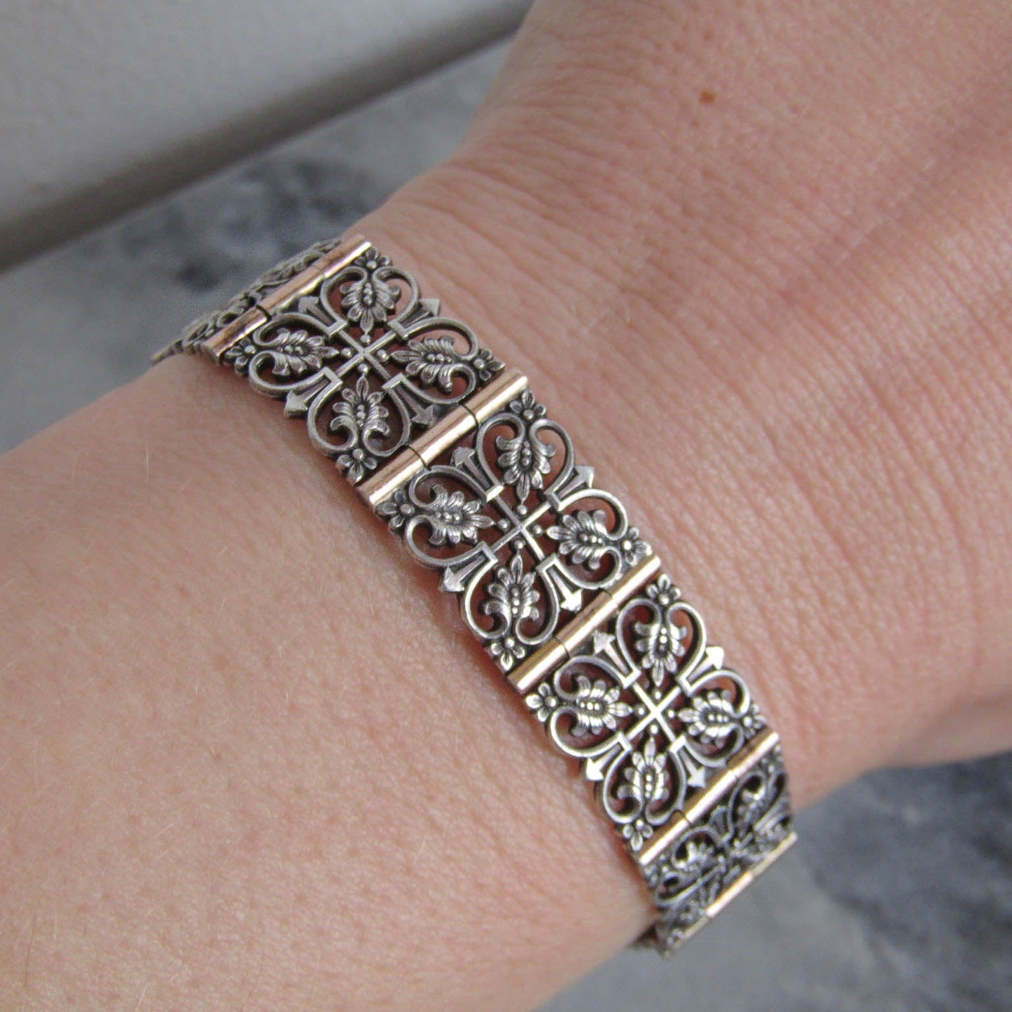 Antique French Silver Belle Epoque Link Bracelet with Leaves and Rose Gold Accents