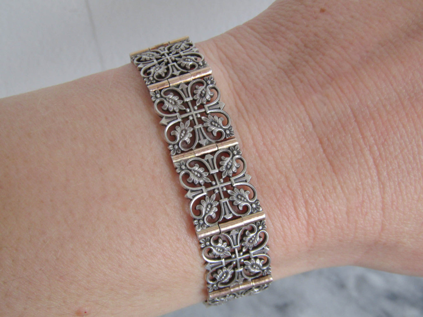 Antique French Silver Belle Epoque Link Bracelet with Leaves and Rose Gold Accents