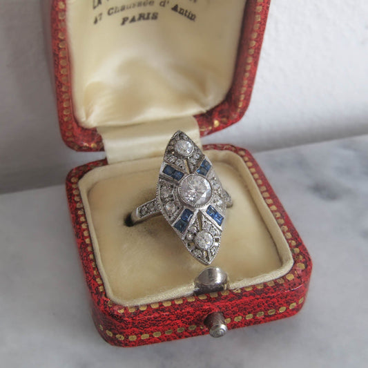 Vintage Art Deco Style Sterling Silver and Synthetic Sapphire Paste Ring