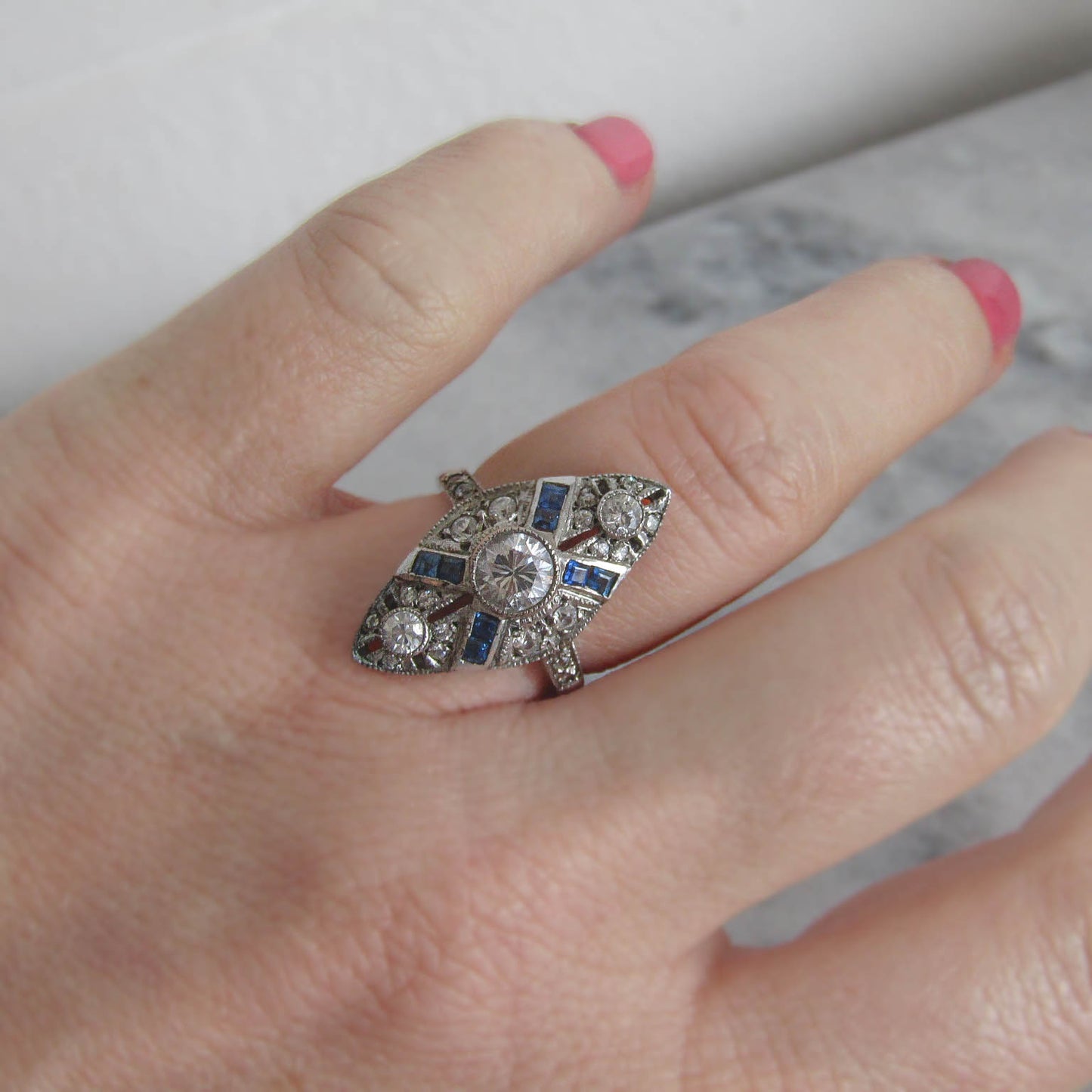 Vintage Art Deco Style Sterling Silver and Synthetic Sapphire Paste Ring