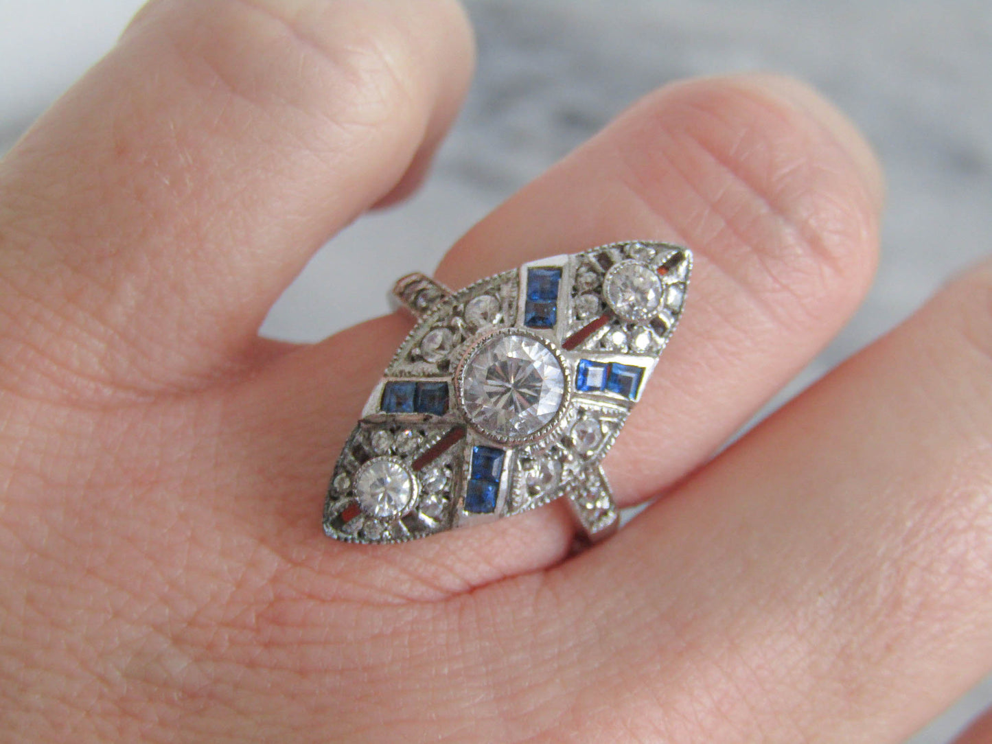 Vintage Art Deco Style Sterling Silver and Synthetic Sapphire Paste Ring