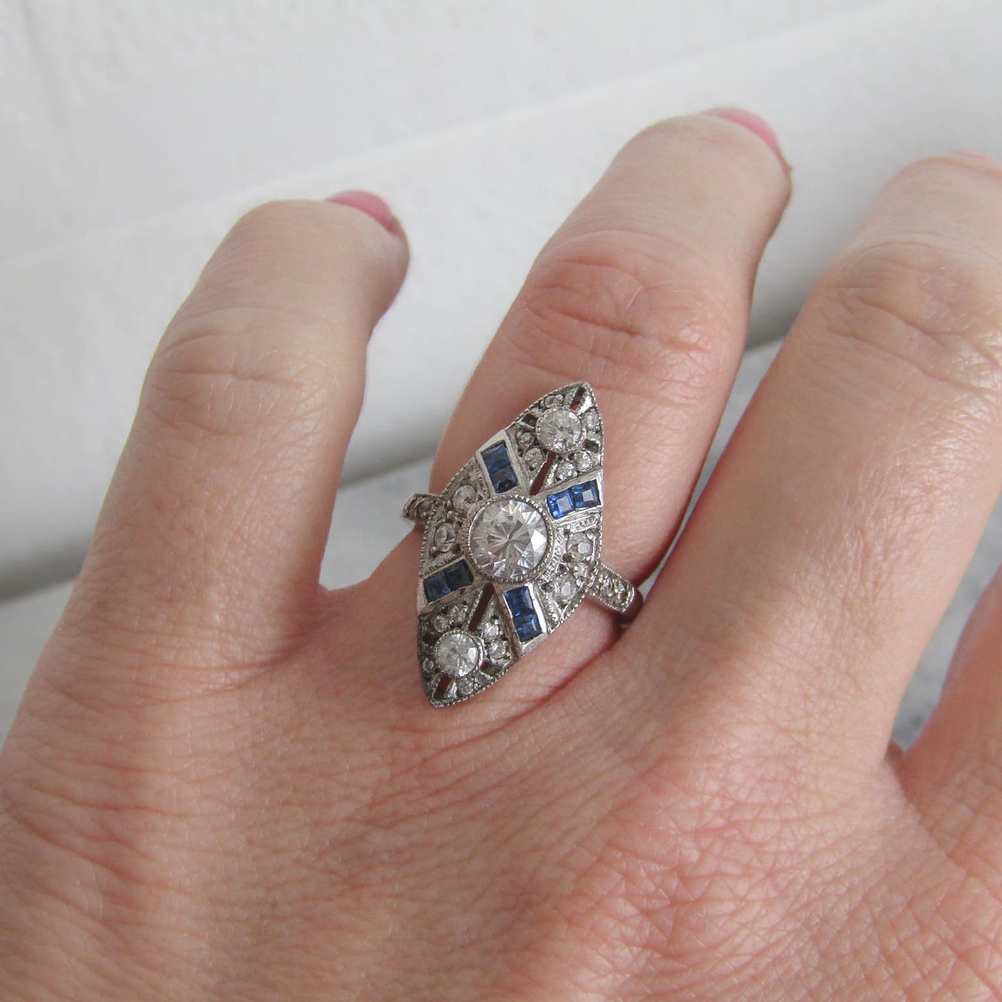 Vintage Art Deco Style Sterling Silver and Synthetic Sapphire Paste Ring