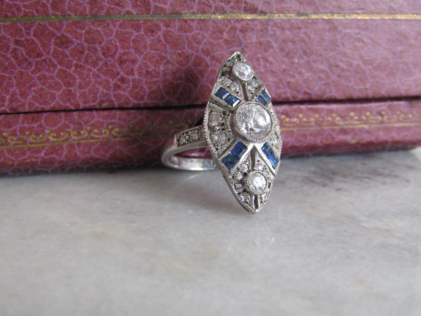 Vintage Art Deco Style Sterling Silver and Synthetic Sapphire Paste Ring