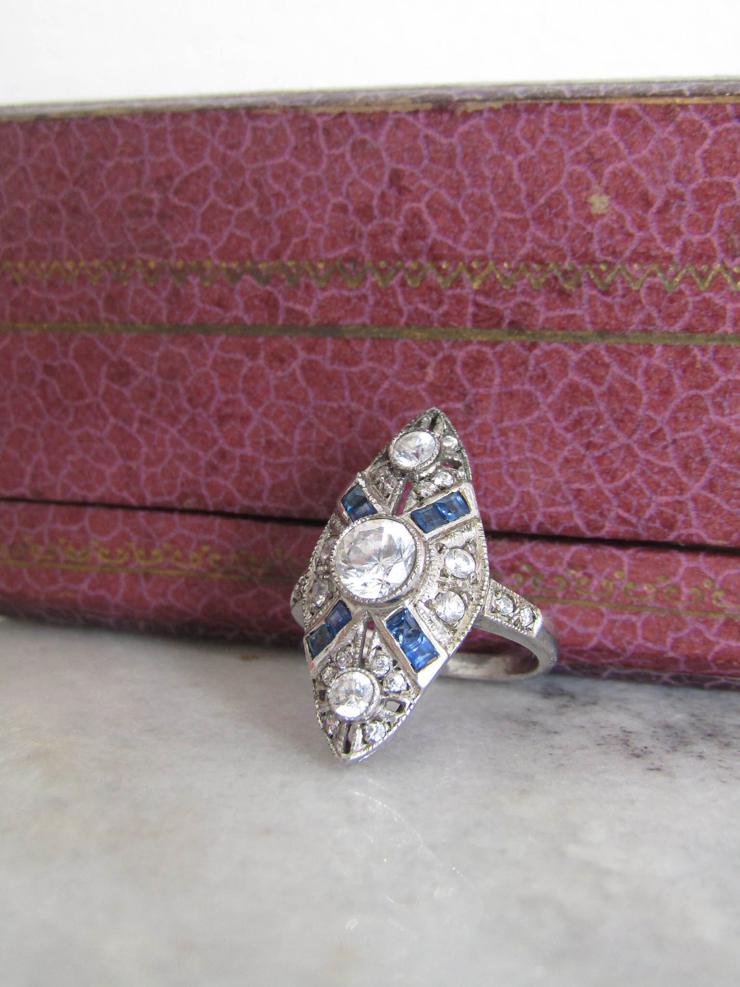 Vintage Art Deco Style Sterling Silver and Synthetic Sapphire Paste Ring
