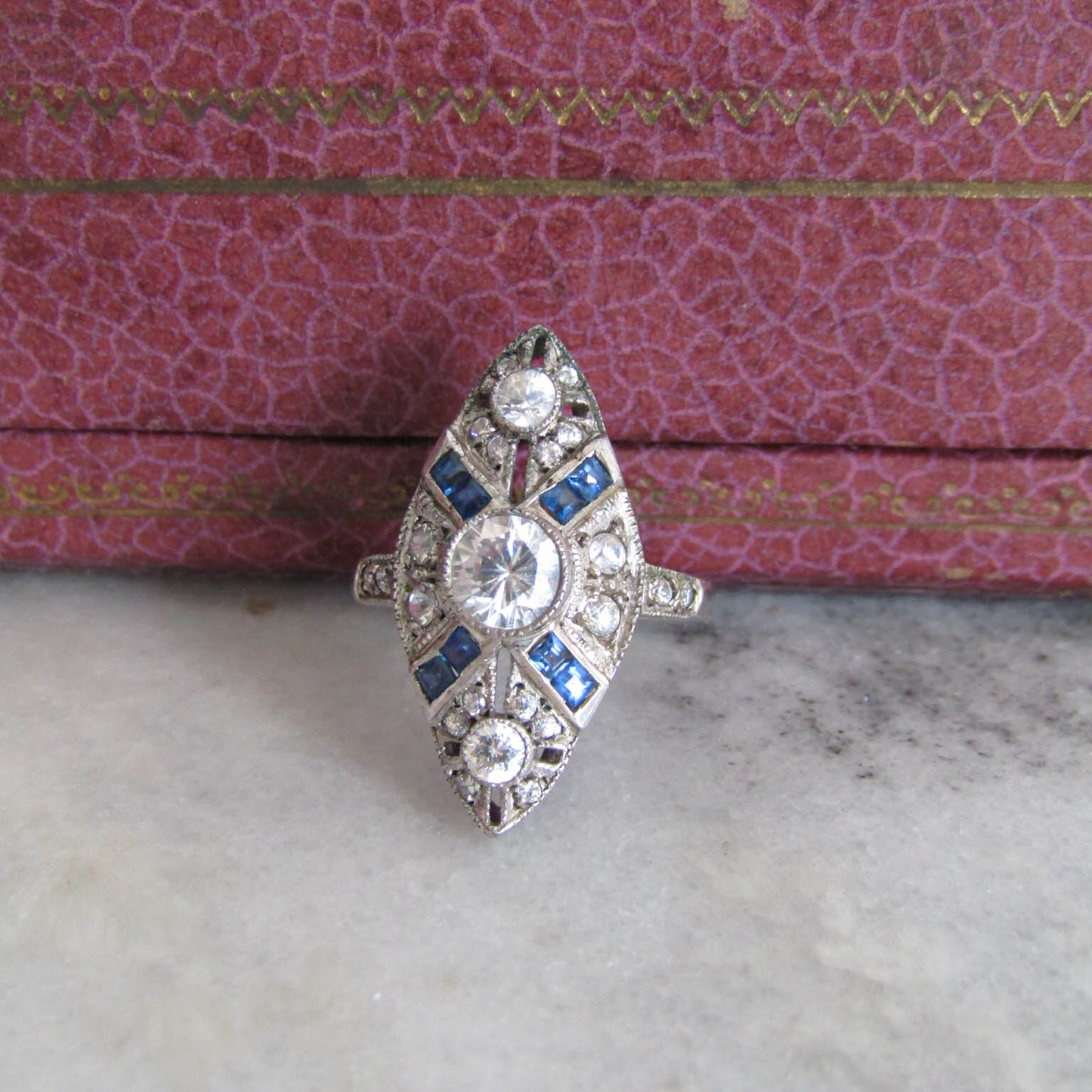 Vintage Art Deco Style Sterling Silver and Synthetic Sapphire Paste Ring