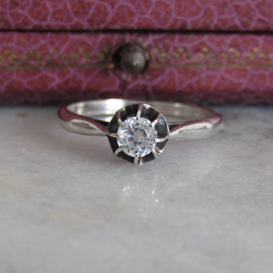 Antique French White Spinel Silver Stackable Ring c. 1910
