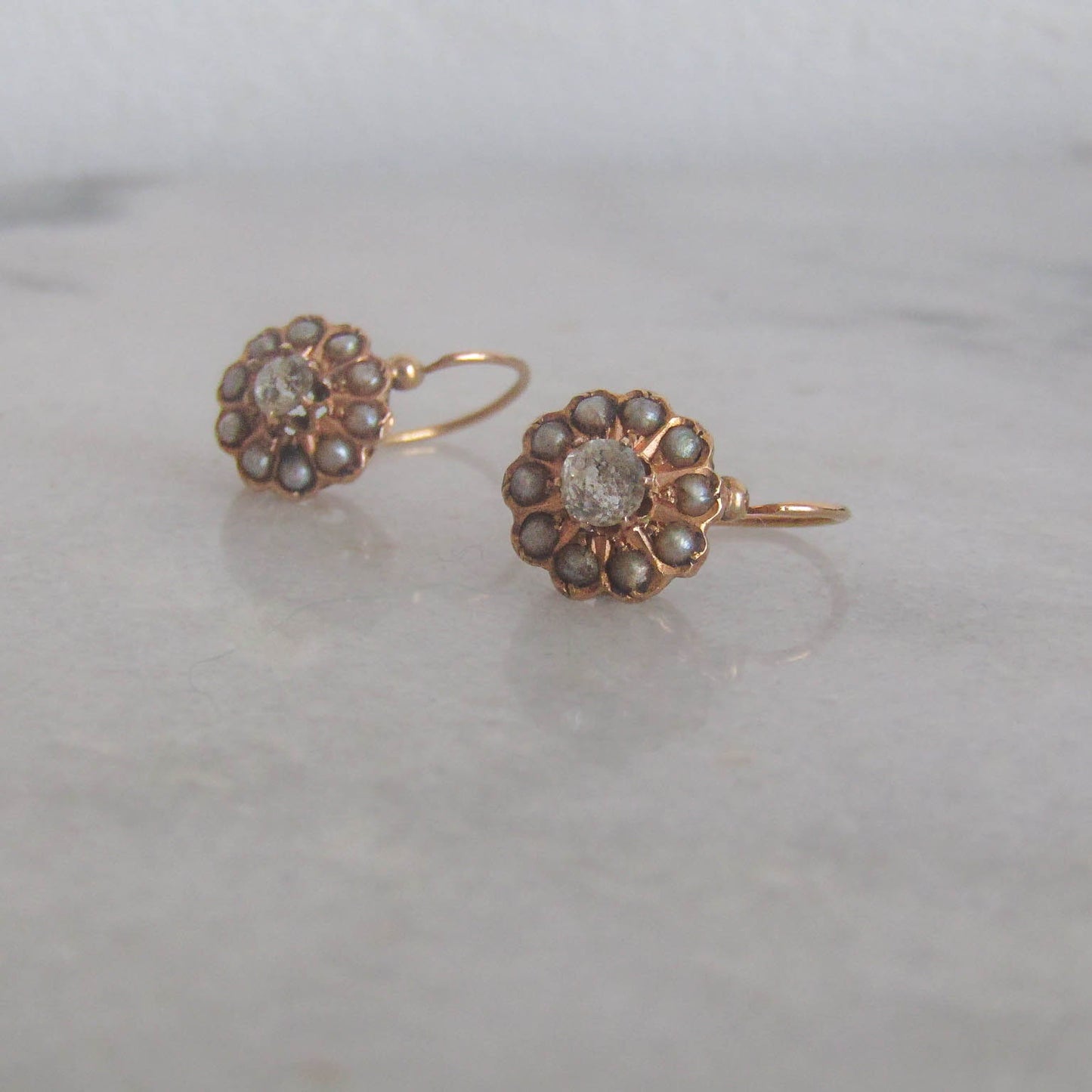 Antique French Daisy Pearl and Paste Earrings, French Floral Earrings, Drop and Dangle Sleeper Earrings c. 1900