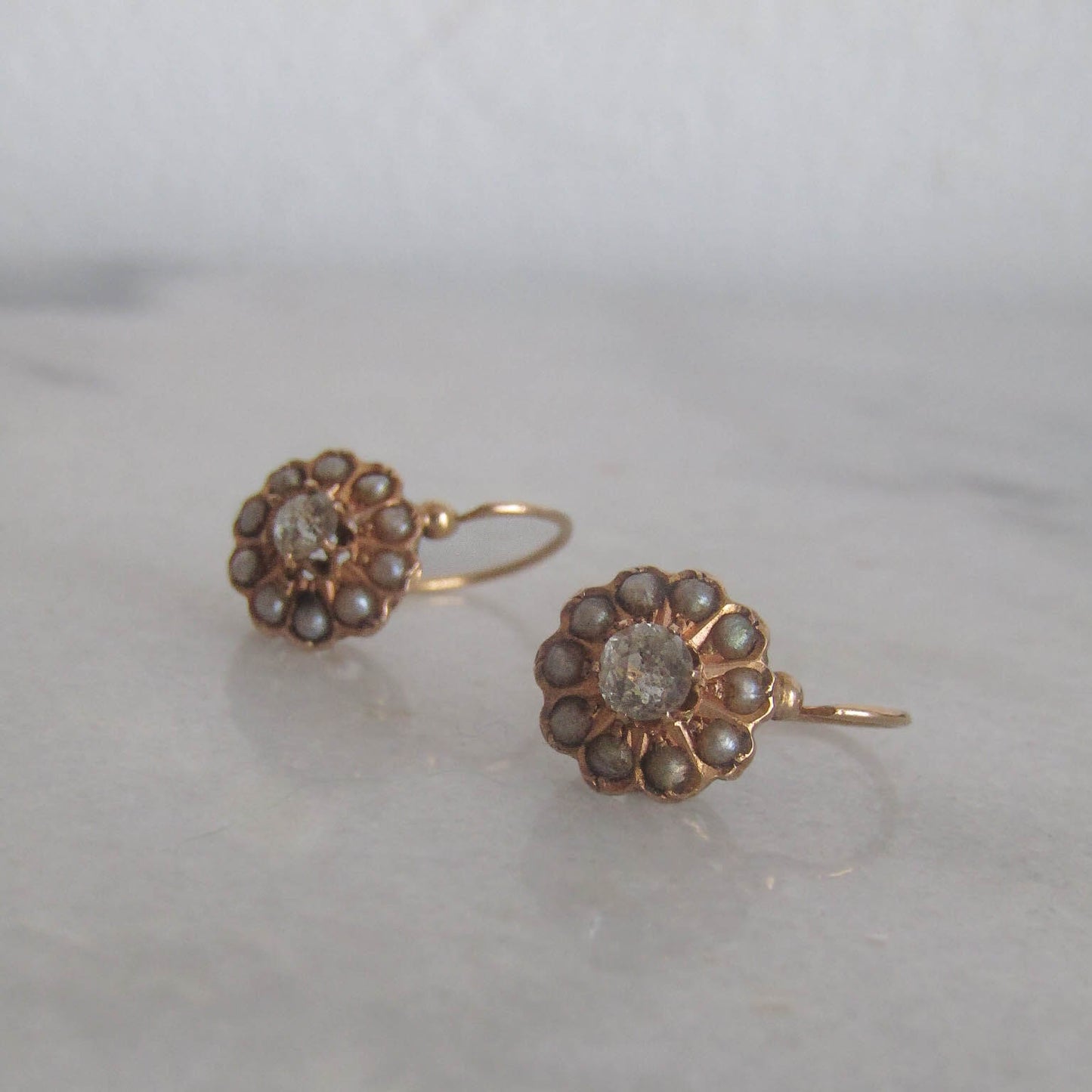 Antique French Daisy Pearl and Paste Earrings, French Floral Earrings, Drop and Dangle Sleeper Earrings c. 1900