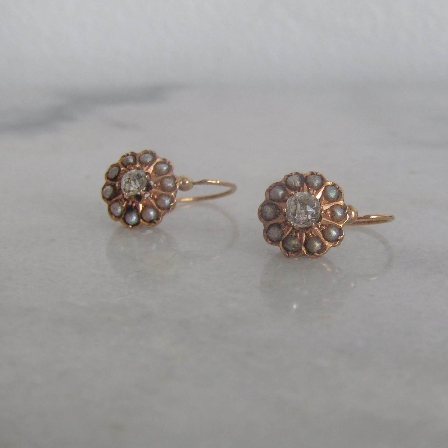 Antique French Daisy Pearl and Paste Earrings, French Floral Earrings, Drop and Dangle Sleeper Earrings c. 1900