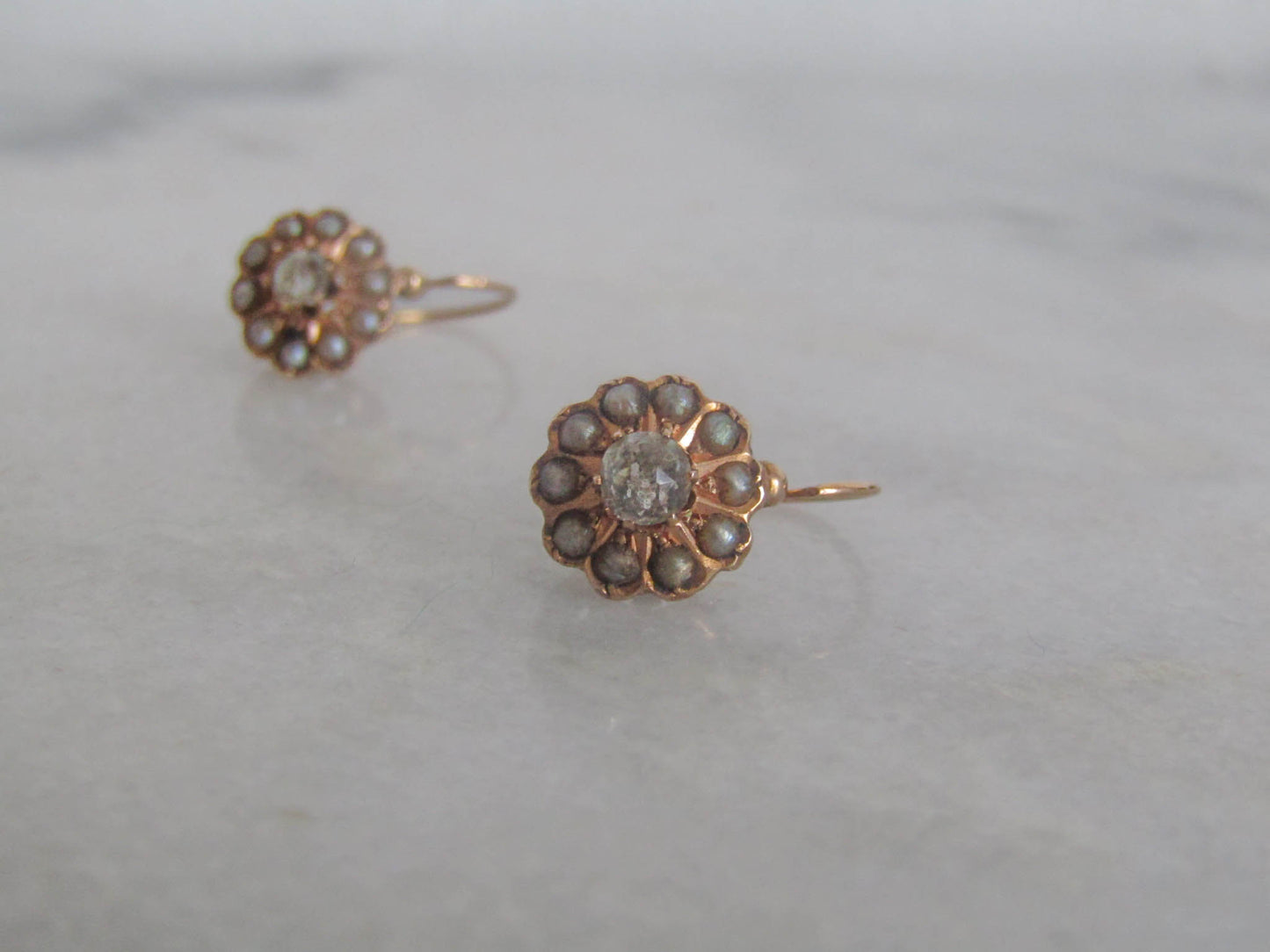 Antique French Daisy Pearl and Paste Earrings, French Floral Earrings, Drop and Dangle Sleeper Earrings c. 1900