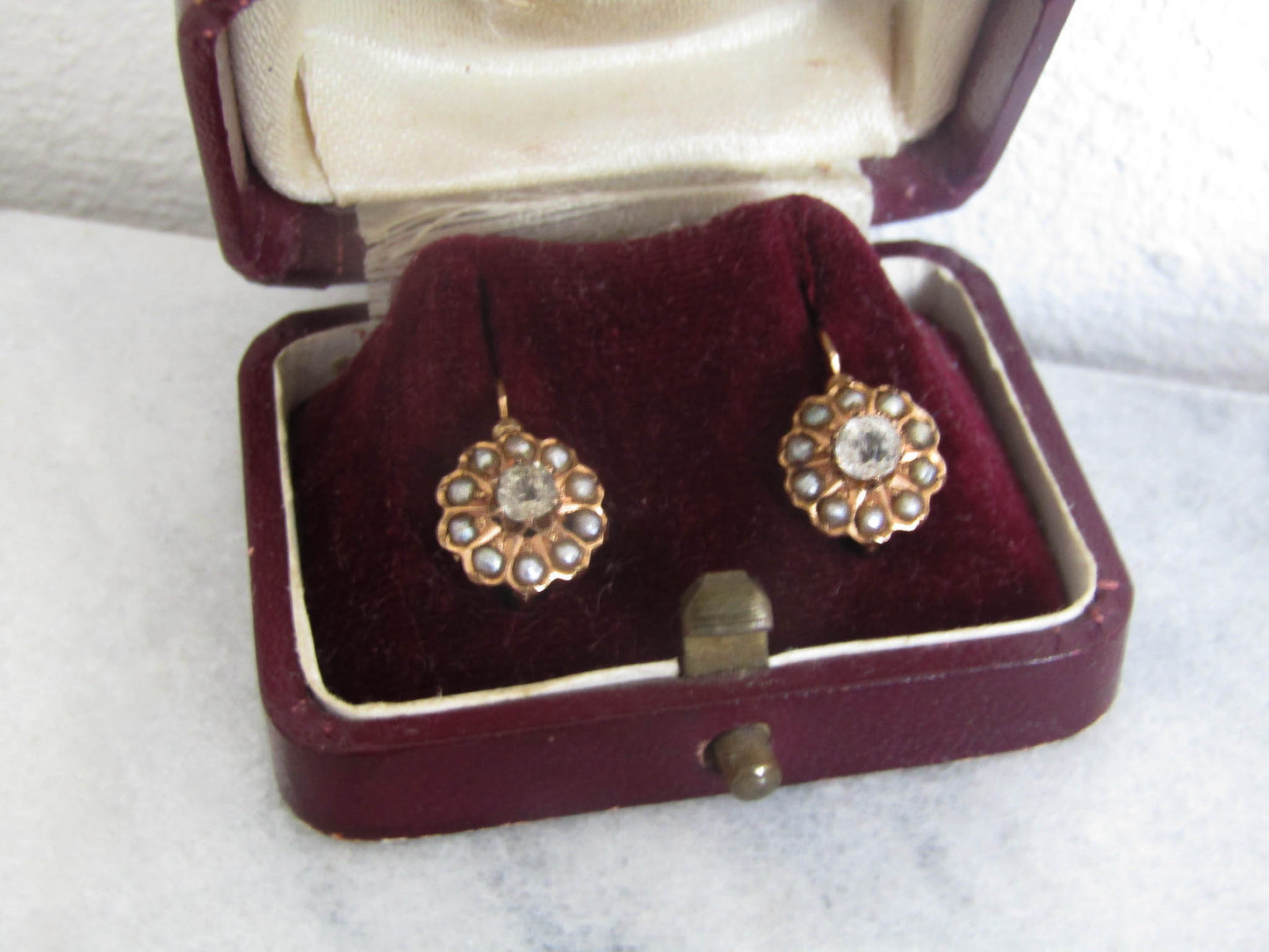 Antique French Daisy Pearl and Paste Earrings, French Floral Earrings, Drop and Dangle Sleeper Earrings c. 1900