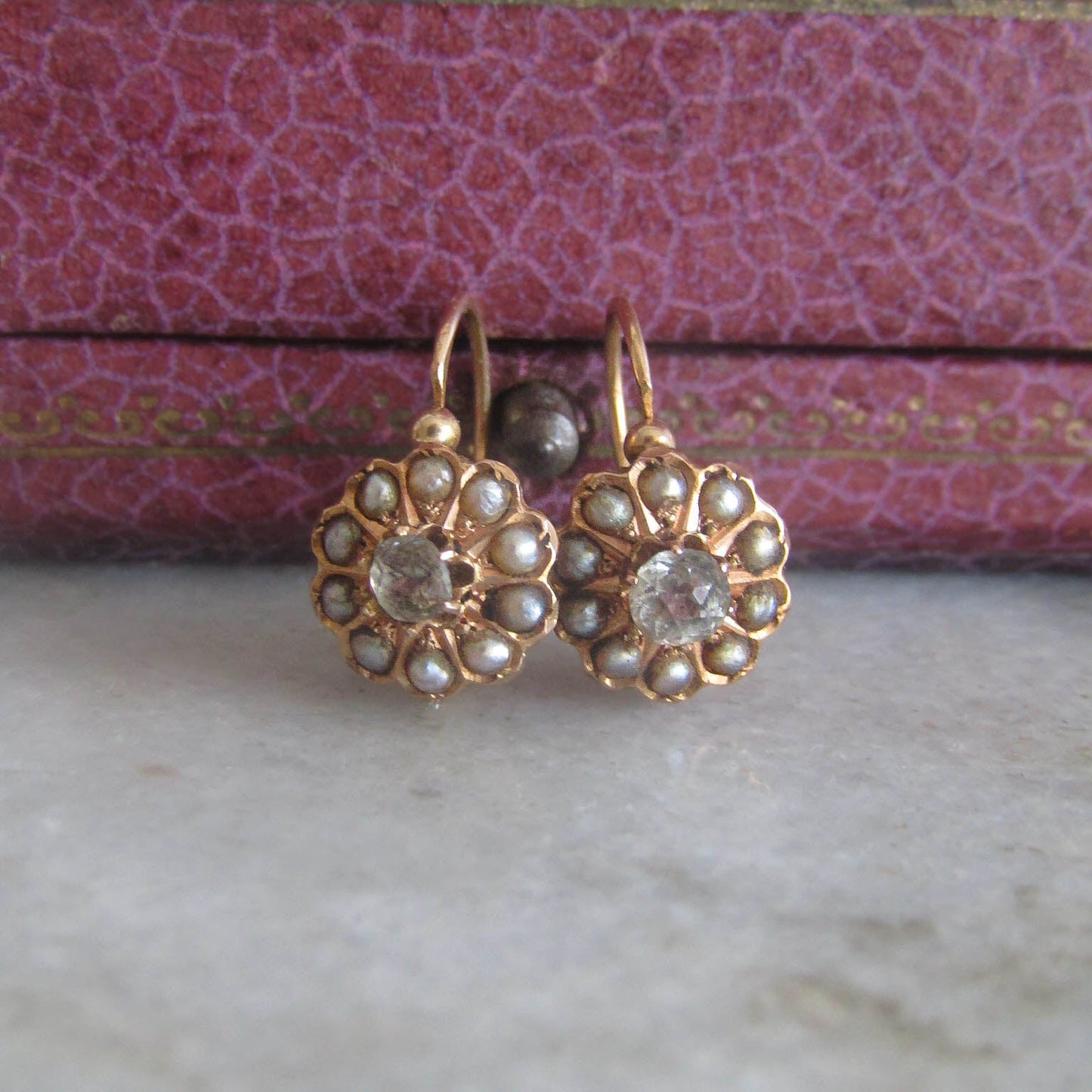 Antique French Daisy Pearl and Paste Earrings, French Floral Earrings, Drop and Dangle Sleeper Earrings c. 1900