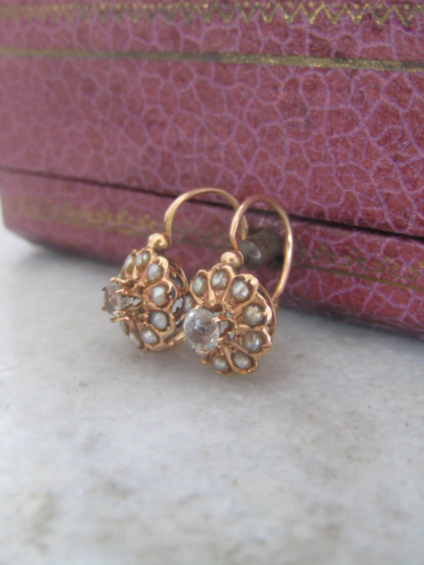 Antique French Daisy Pearl and Paste Earrings, French Floral Earrings, Drop and Dangle Sleeper Earrings c. 1900