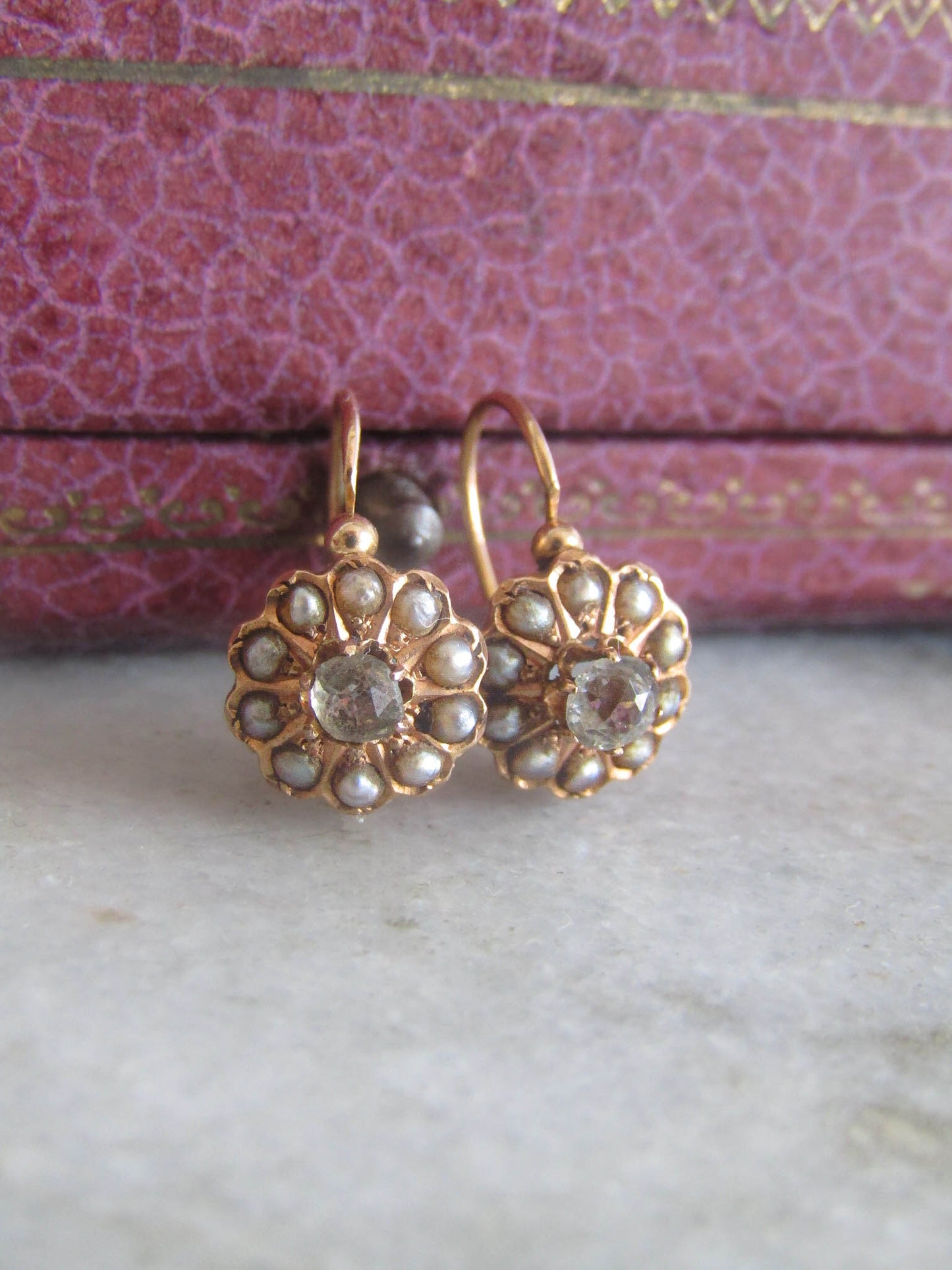 Antique French Daisy Pearl and Paste Earrings, French Floral Earrings, Drop and Dangle Sleeper Earrings c. 1900