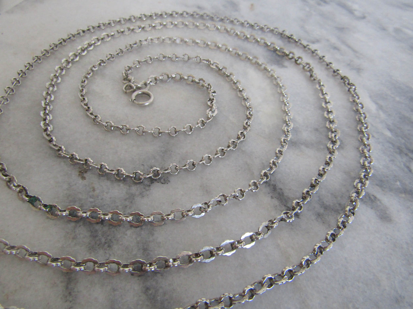 57" Antique French Solid Silver Long Guard Chain, Victorian Muff Chain c. 1900