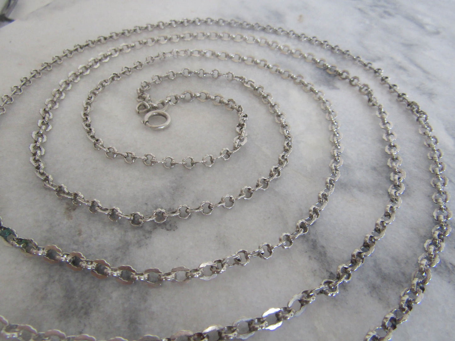57" Antique French Solid Silver Long Guard Chain, Victorian Muff Chain c. 1900