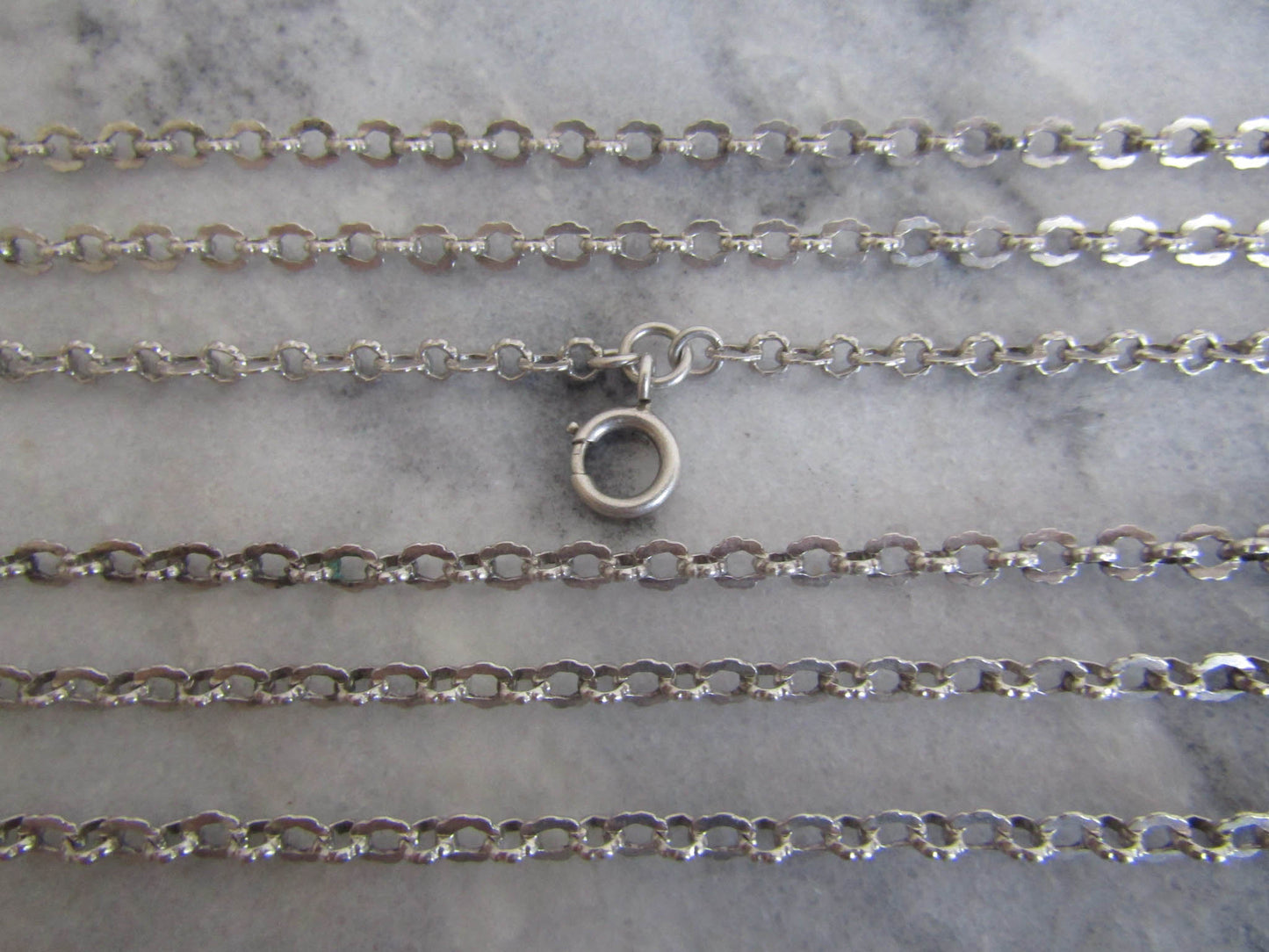 57" Antique French Solid Silver Long Guard Chain, Victorian Muff Chain c. 1900