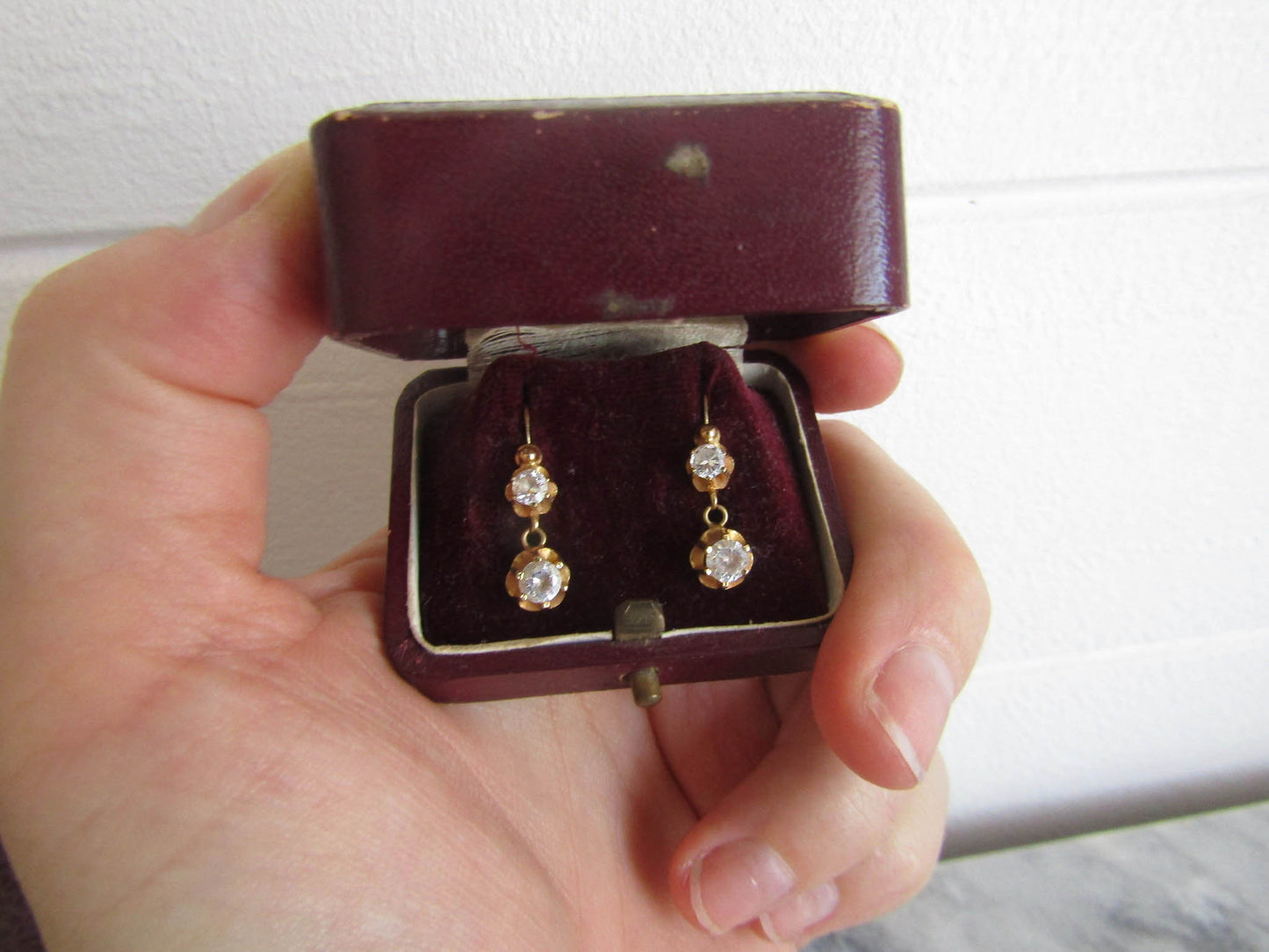 Antique 18K solid gold and glass French drop dangle earrings