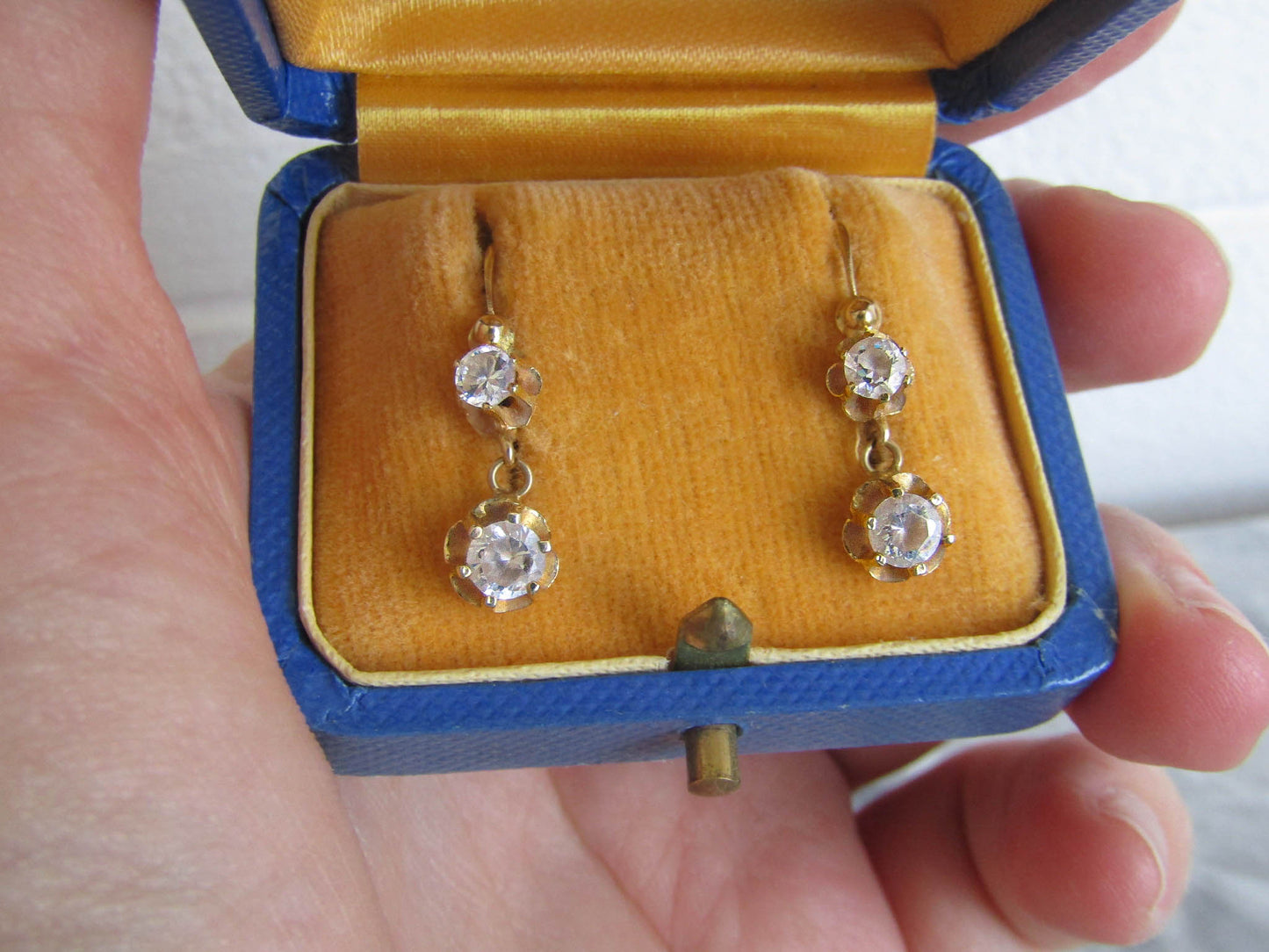 Antique 18K solid gold and glass French drop dangle earrings