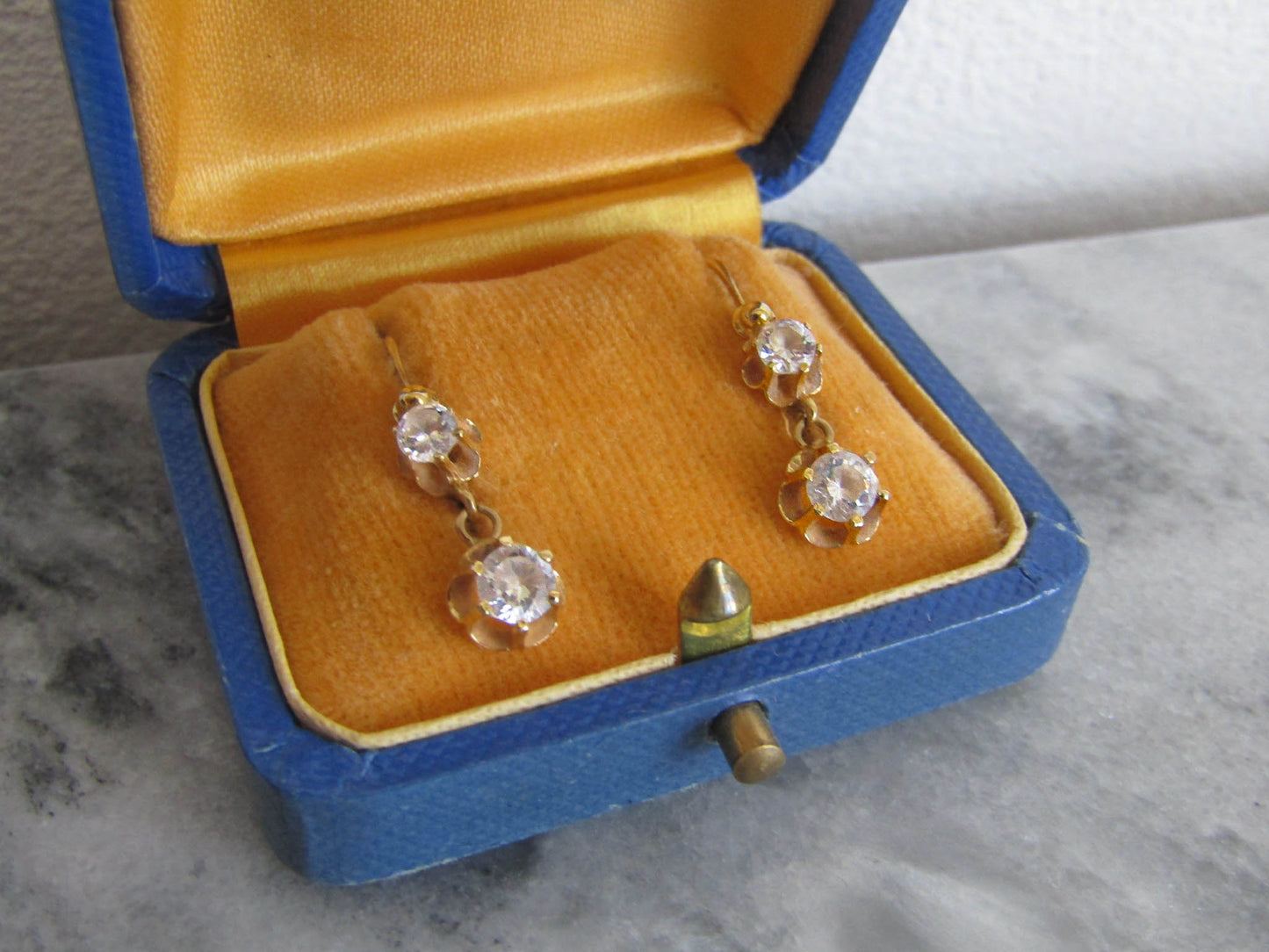 Antique 18K solid gold and glass French drop dangle earrings