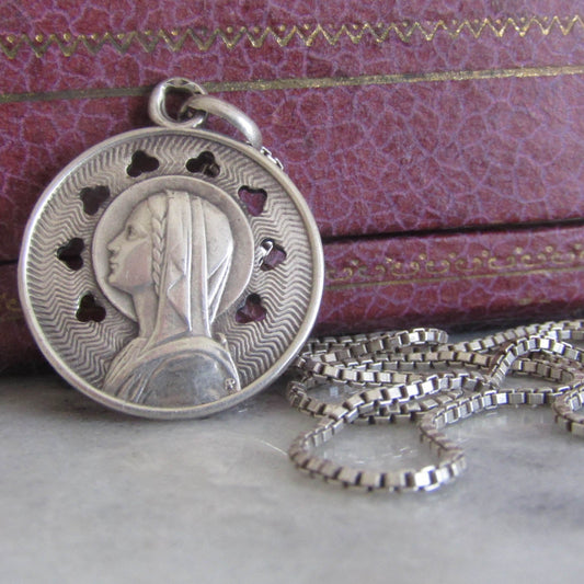 Antique Silver Art Nouveau French Virgin Mary Medal, French Religious Medal