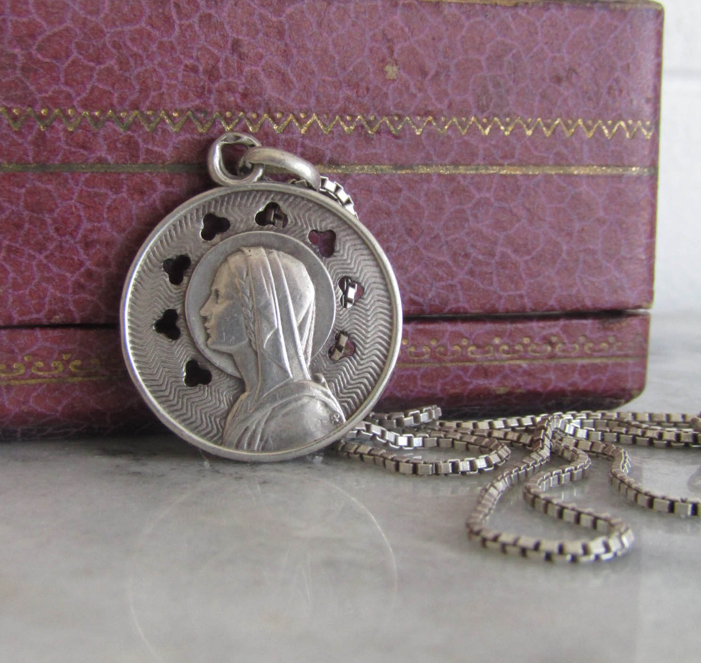 Antique Silver Art Nouveau French Virgin Mary Medal, French Religious Medal