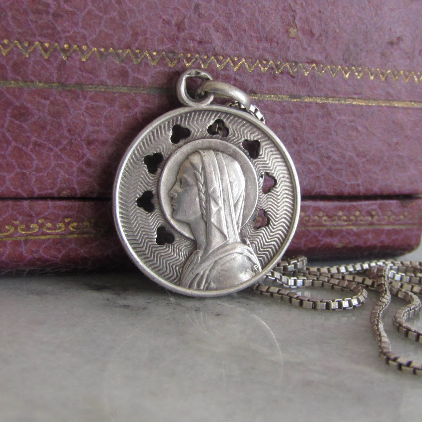 Antique Silver Art Nouveau French Virgin Mary Medal, French Religious Medal