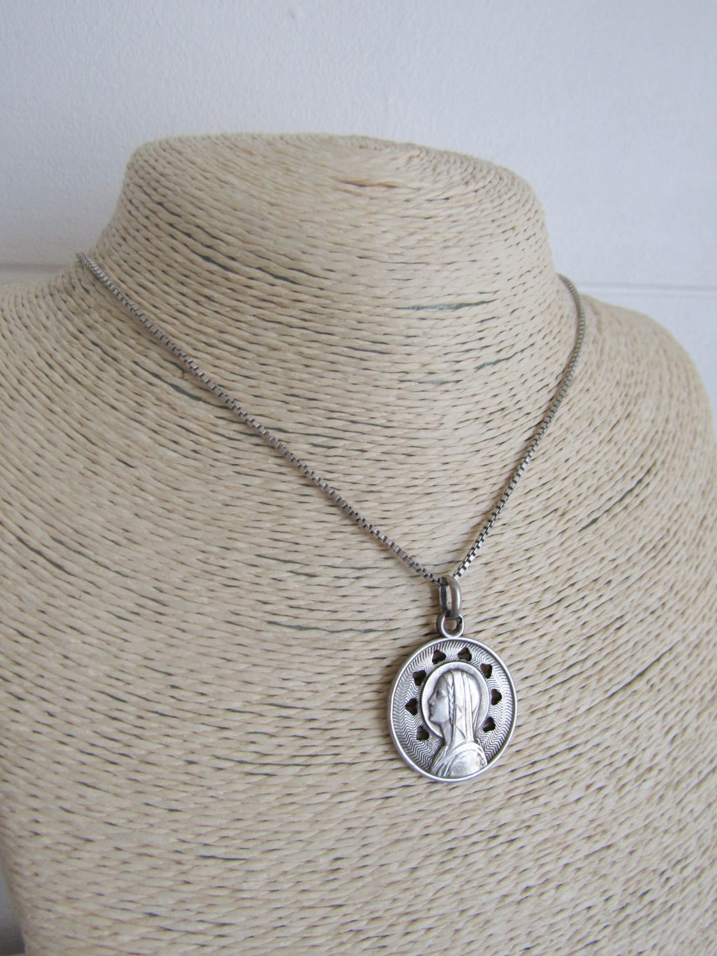 Antique Silver Art Nouveau French Virgin Mary Medal, French Religious Medal