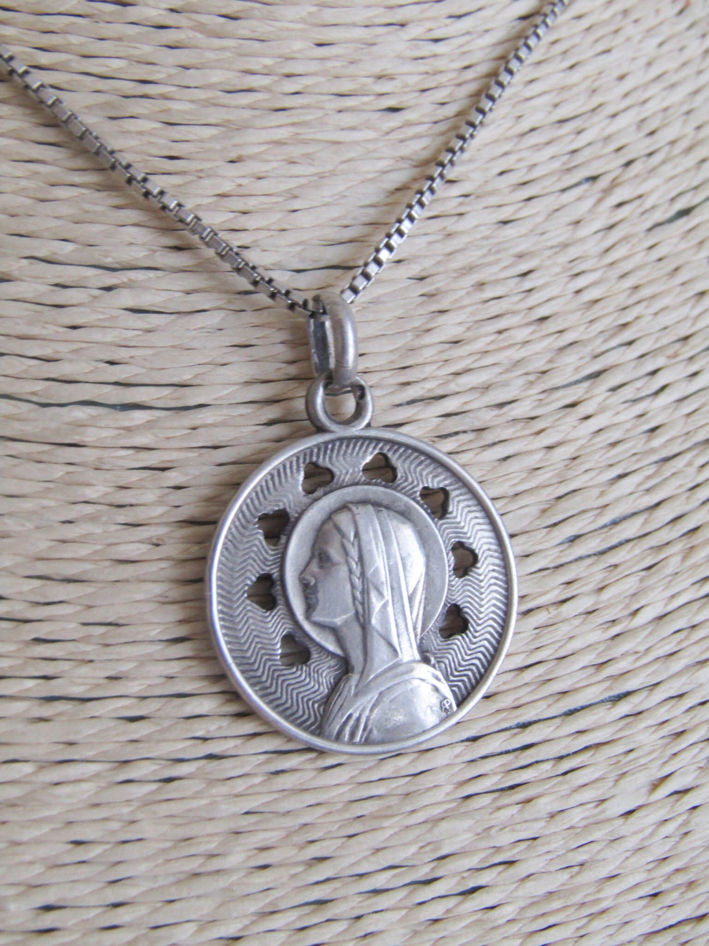 Antique Silver Art Nouveau French Virgin Mary Medal, French Religious Medal