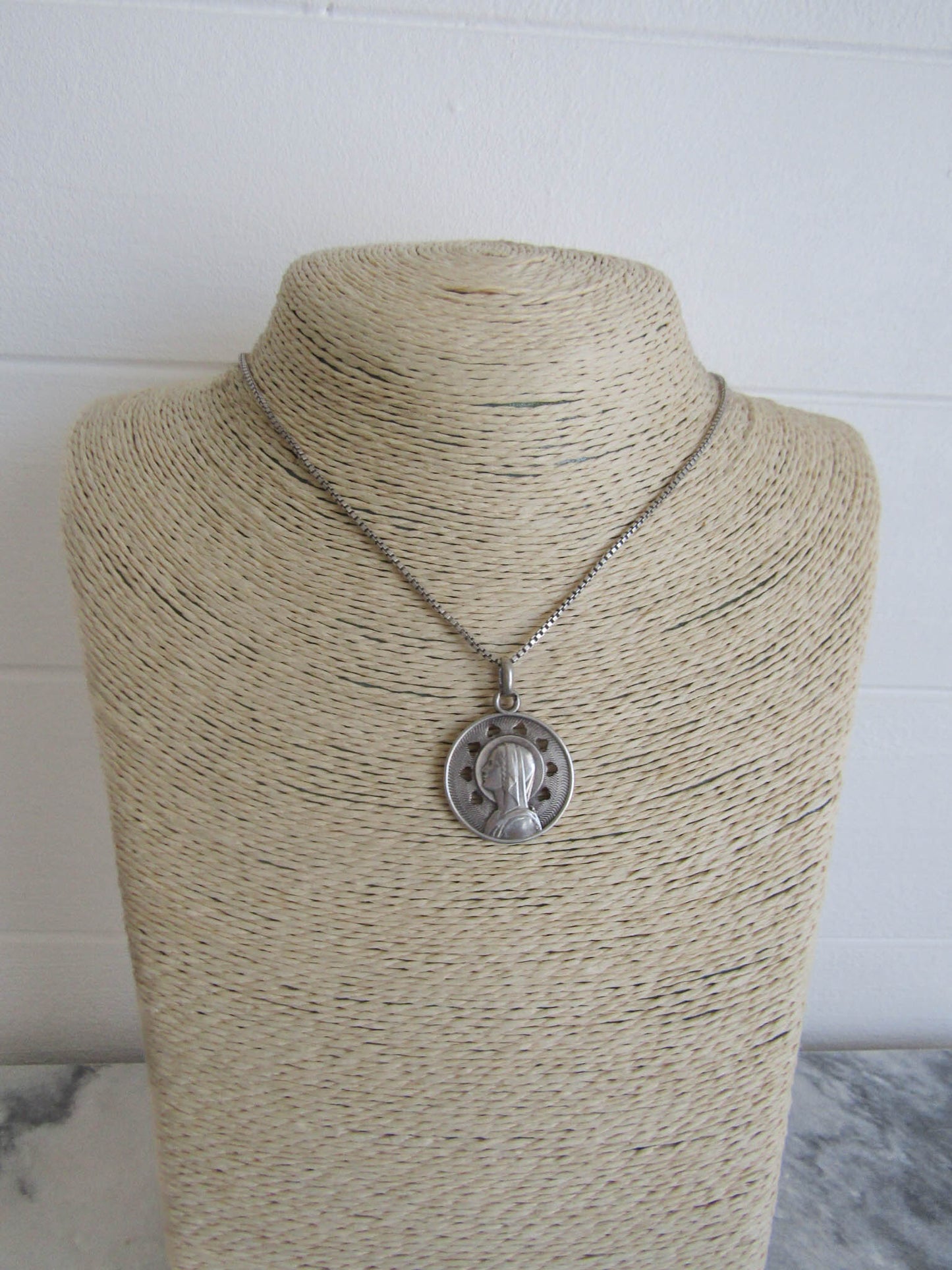 Antique Silver Art Nouveau French Virgin Mary Medal, French Religious Medal