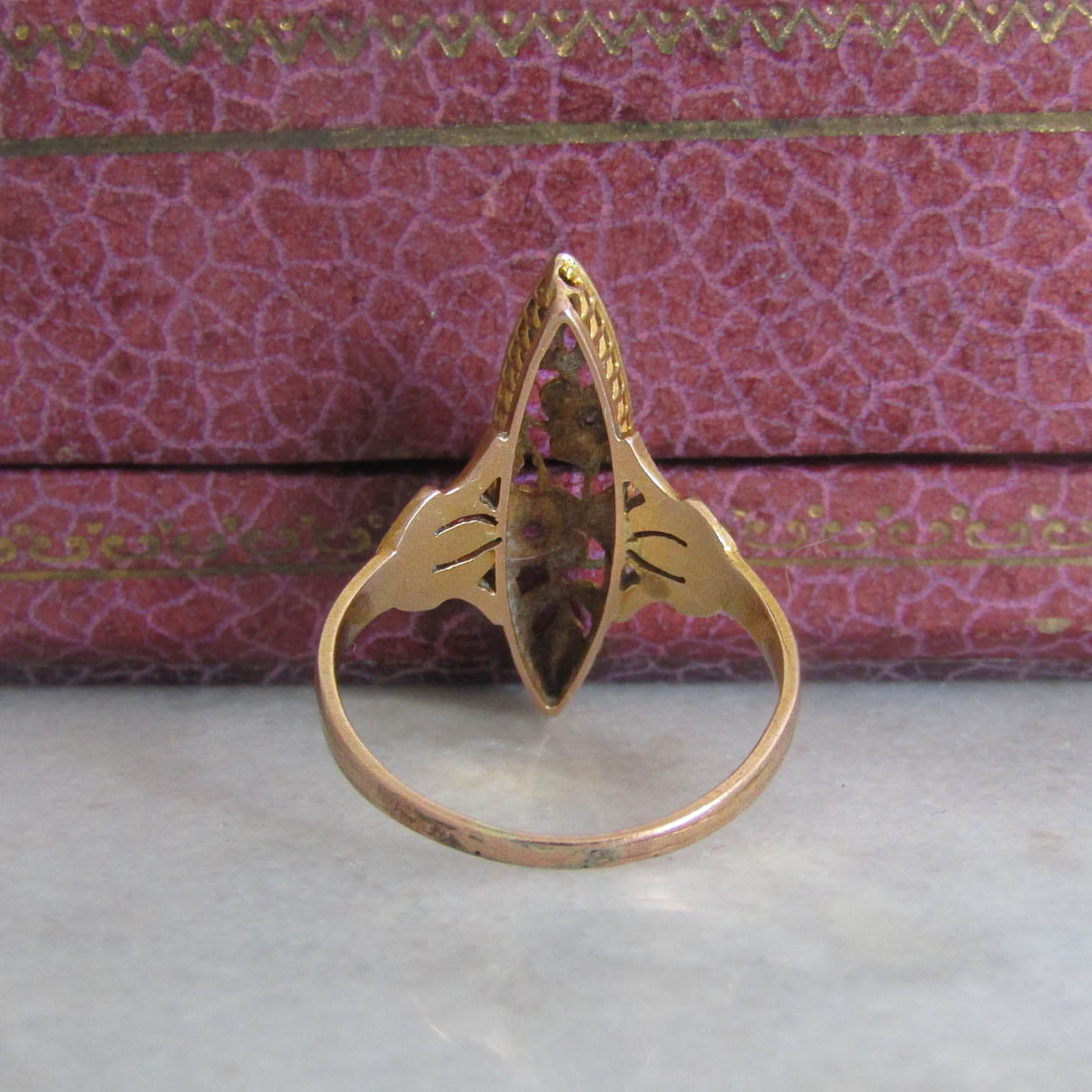 Antique Art Nouveau 18K Solid Gold Floral Navette Marquise Ring c. 1890