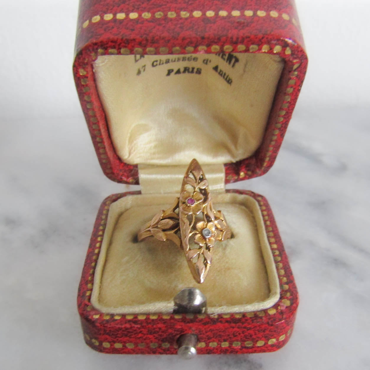 Antique Art Nouveau 18K Solid Gold Floral Navette Marquise Ring c. 1890