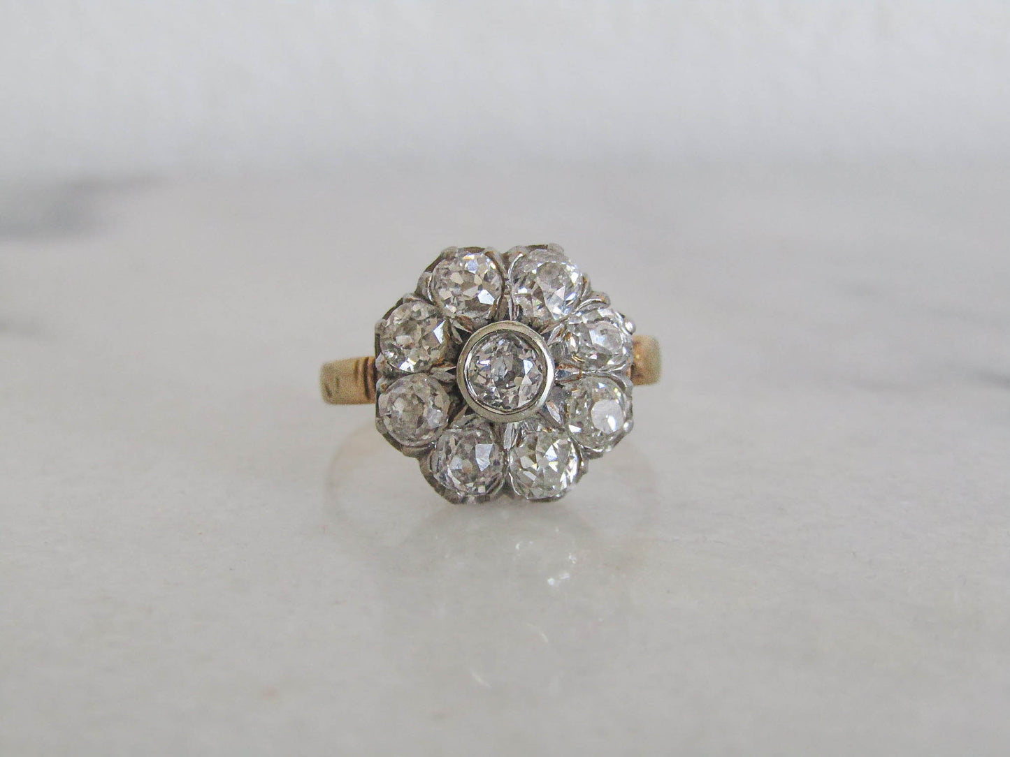 Antique 1.3 ct Diamond Daisy Ring with Platinum and 18k Gold, French Antique Daisy Cluster Engagement Ring c. 1900