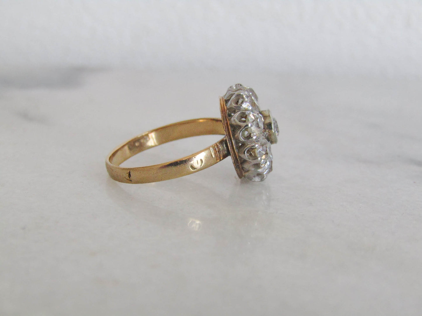 Antique 1.3 ct Diamond Daisy Ring with Platinum and 18k Gold, French Antique Daisy Cluster Engagement Ring c. 1900