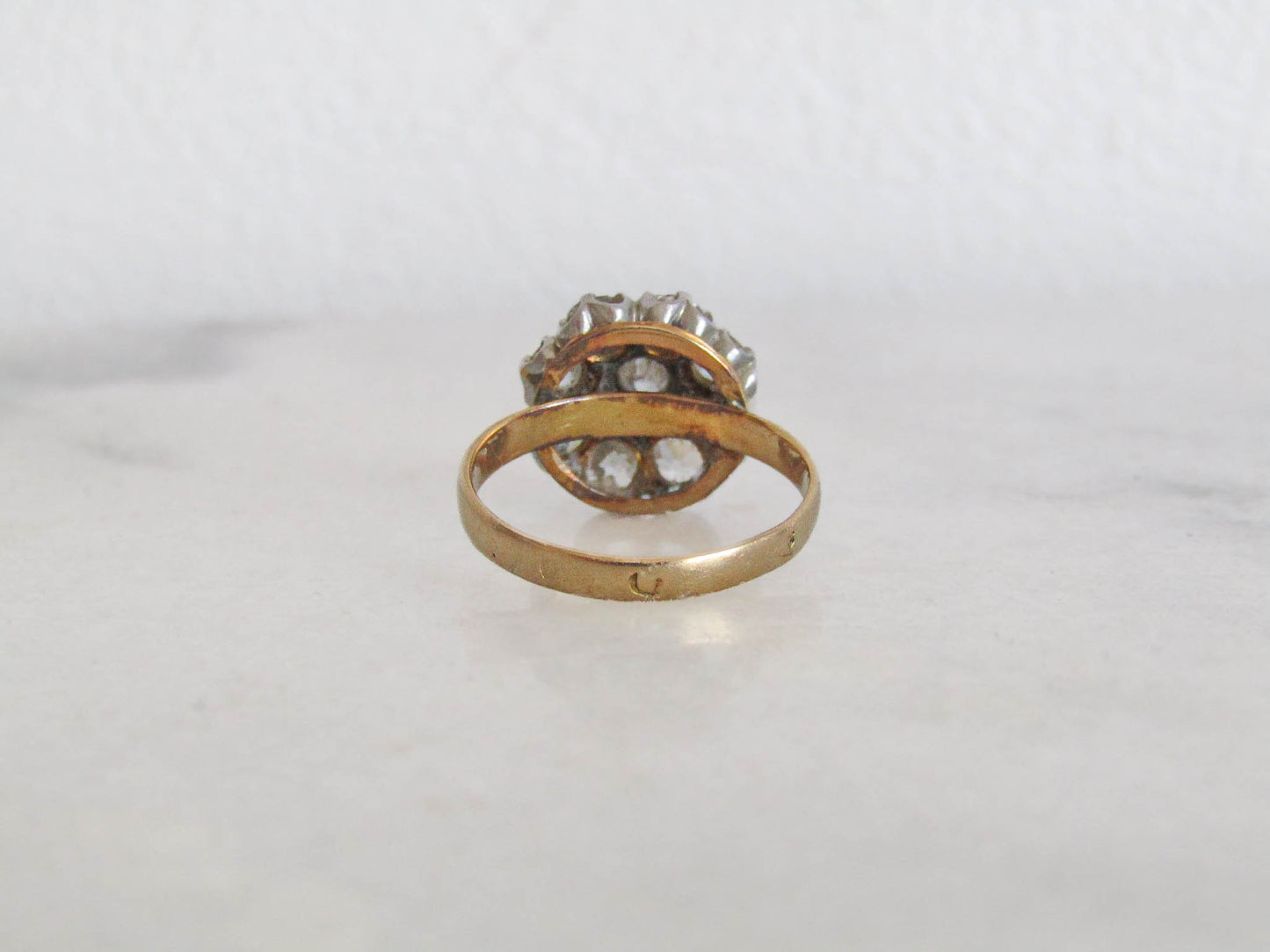 Antique 1.3 ct Diamond Daisy Ring with Platinum and 18k Gold, French Antique Daisy Cluster Engagement Ring c. 1900