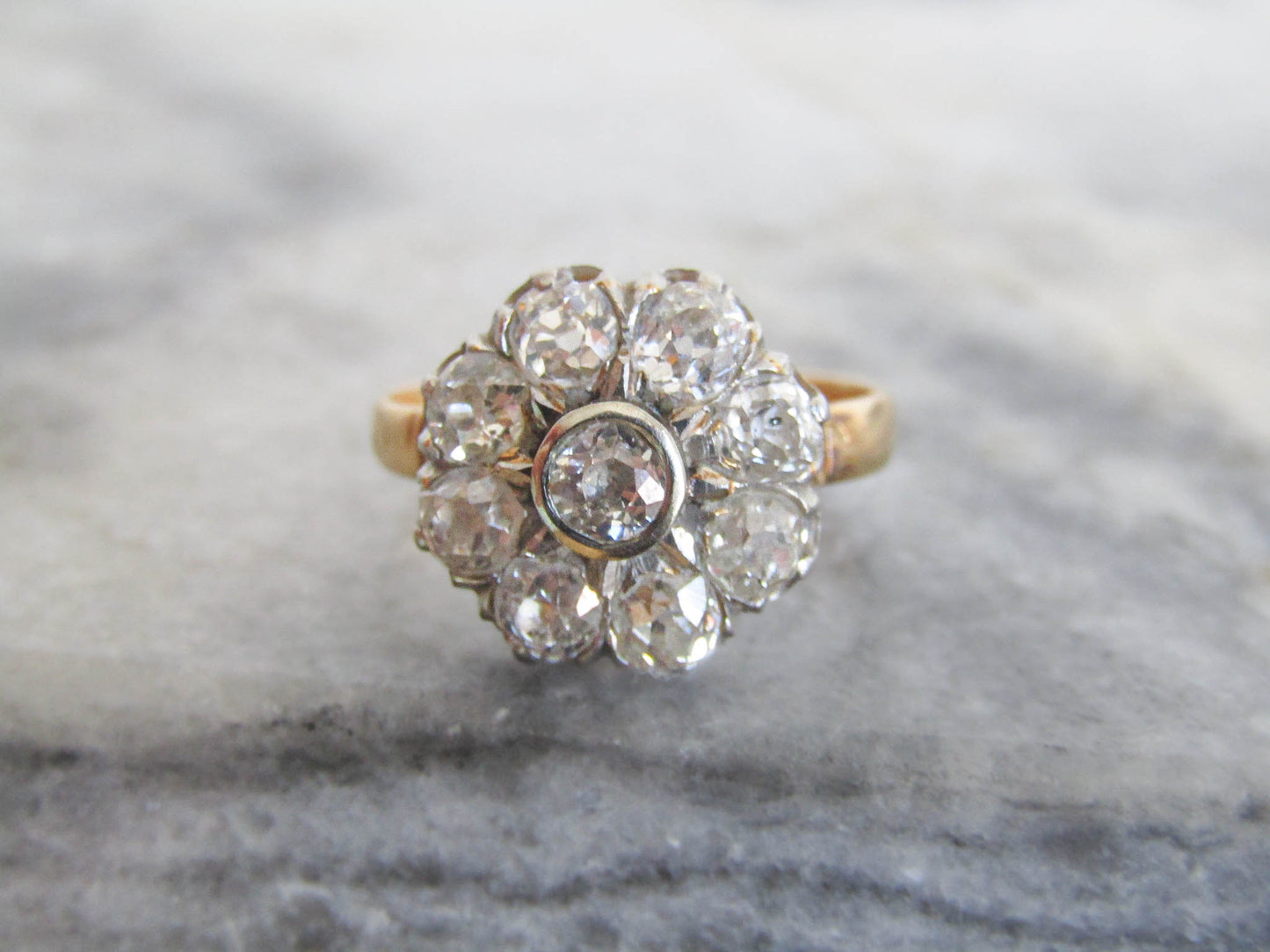Antique 1.3 ct Diamond Daisy Ring with Platinum and 18k Gold, French Antique Daisy Cluster Engagement Ring c. 1900