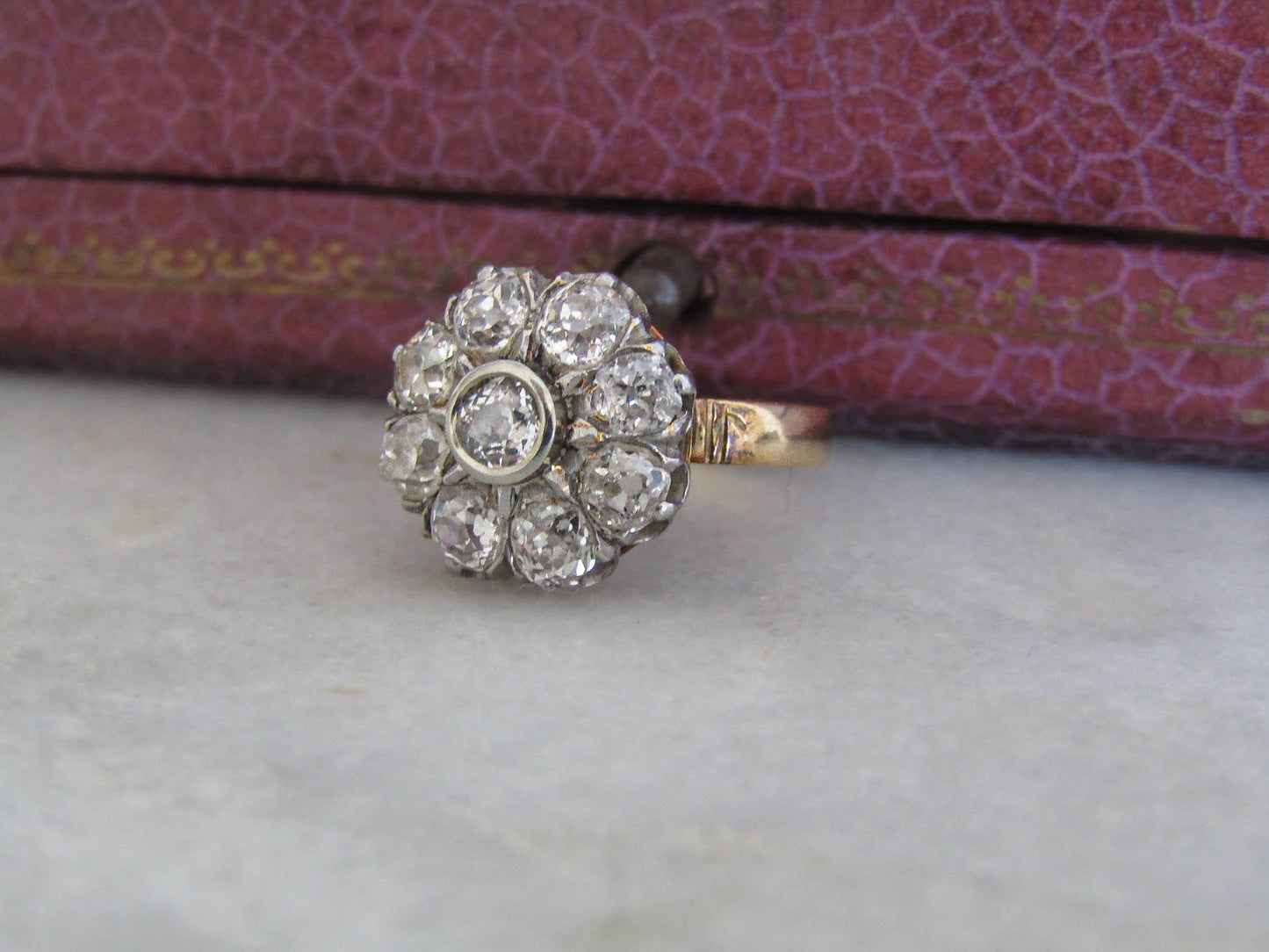 Antique 1.3 ct Diamond Daisy Ring with Platinum and 18k Gold, French Antique Daisy Cluster Engagement Ring c. 1900