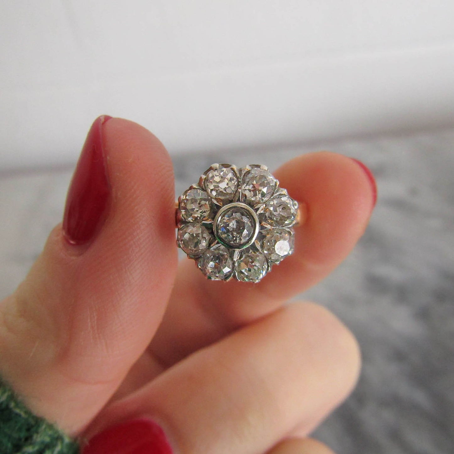 Antique 1.3 ct Diamond Daisy Ring with Platinum and 18k Gold, French Antique Daisy Cluster Engagement Ring c. 1900