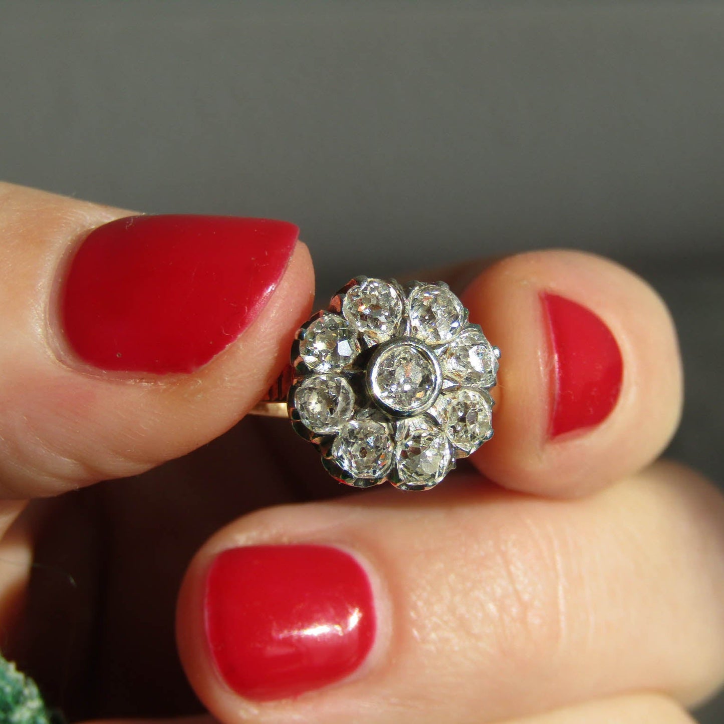 Antique 1.3 ct Diamond Daisy Ring with Platinum and 18k Gold, French Antique Daisy Cluster Engagement Ring c. 1900