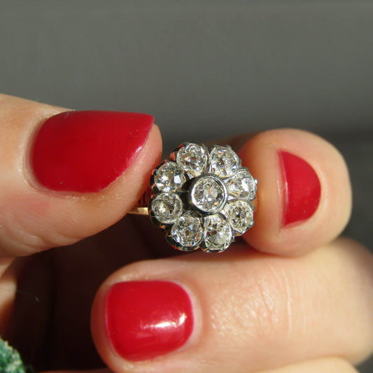 Antique 1.3 ct Diamond Daisy Ring with Platinum and 18k Gold, French Antique Daisy Cluster Engagement Ring c. 1900