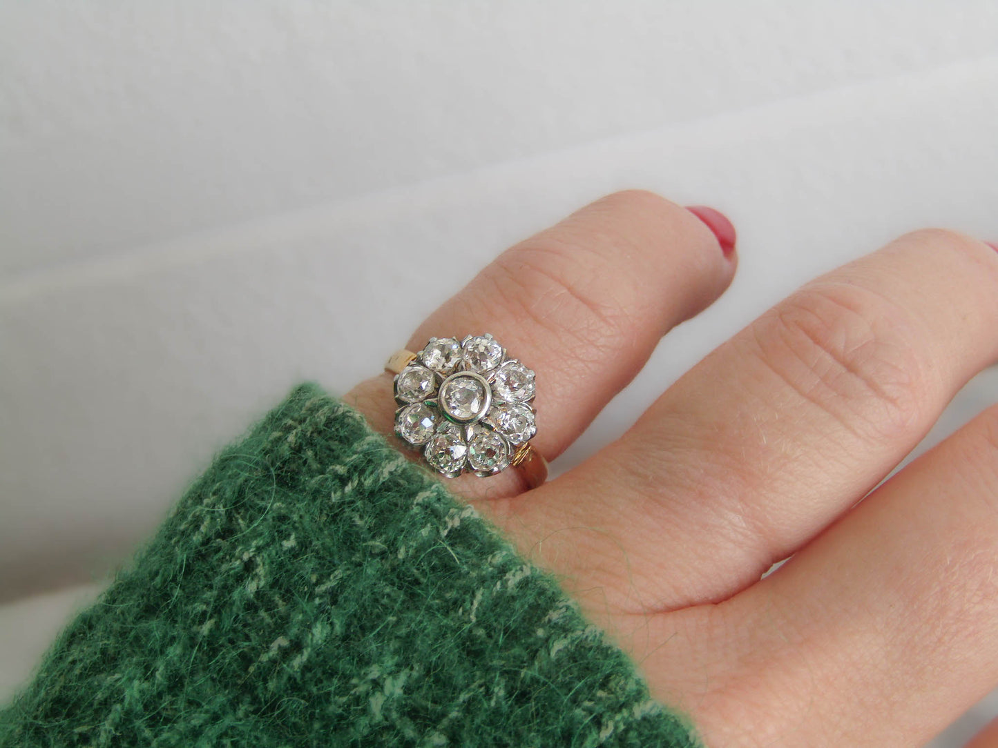 Antique 1.3 ct Diamond Daisy Ring with Platinum and 18k Gold, French Antique Daisy Cluster Engagement Ring c. 1900