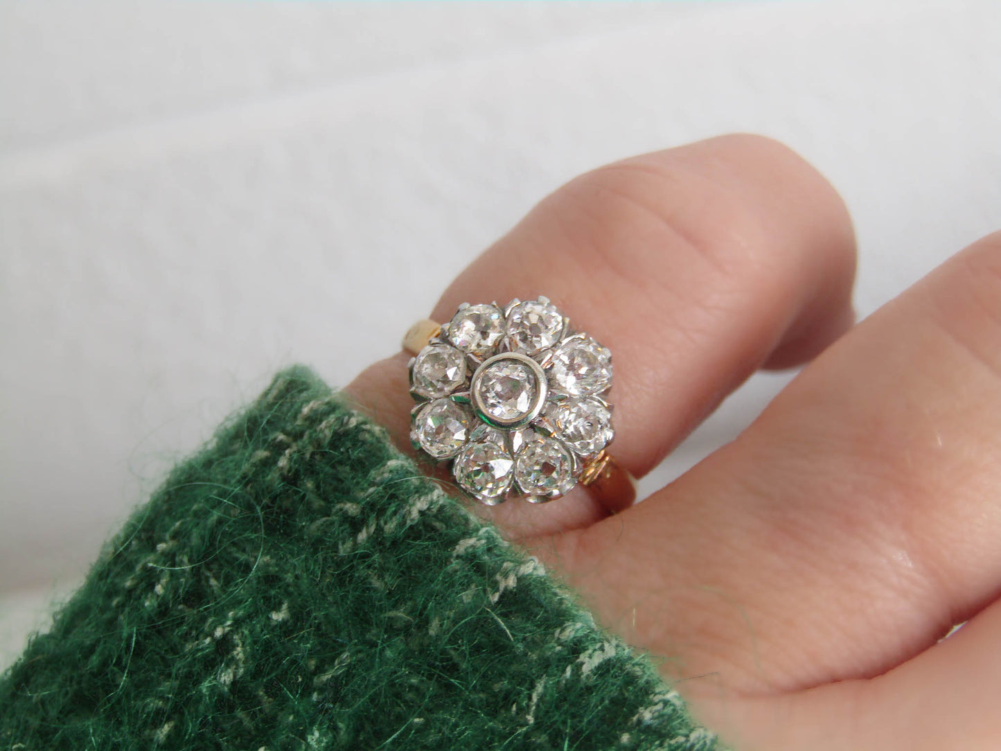 Antique 1.3 ct Diamond Daisy Ring with Platinum and 18k Gold, French Antique Daisy Cluster Engagement Ring c. 1900
