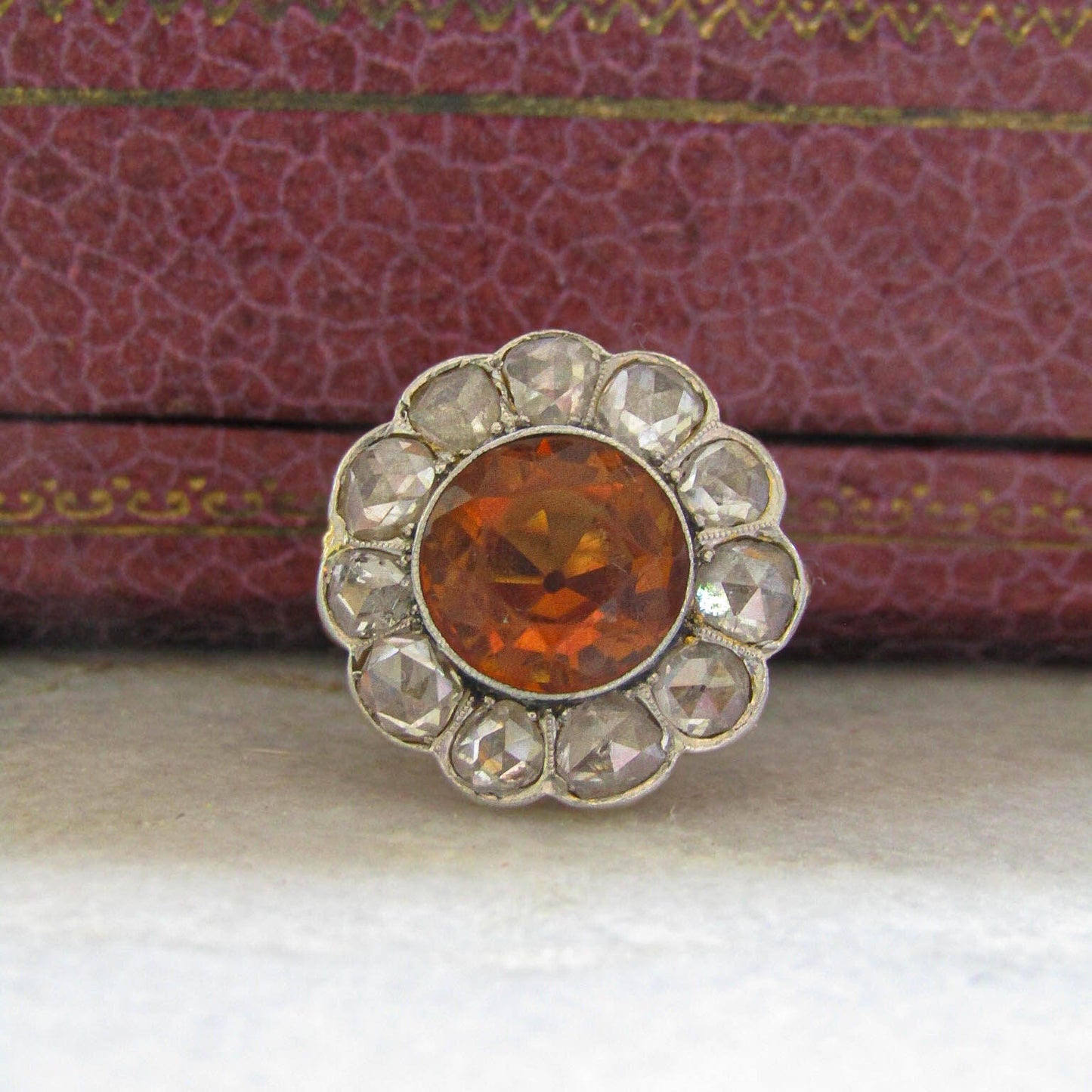 Antique Citrine Daisy Ring, Rose Cut Diamond Halo, 14K Gold Platinum, c. 1900