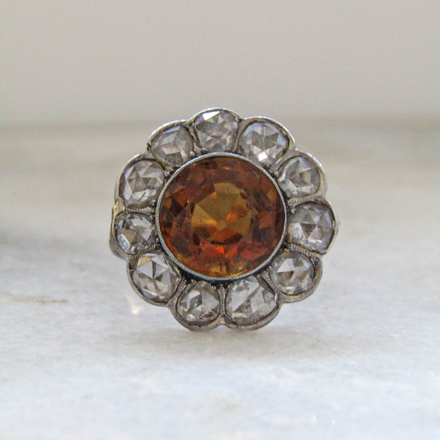 Antique Citrine Daisy Ring, Rose Cut Diamond Halo, 14K Gold Platinum, c. 1900