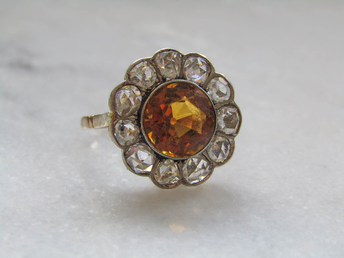 Antique Citrine Daisy Ring, Rose Cut Diamond Halo, 14K Gold Platinum, c. 1900