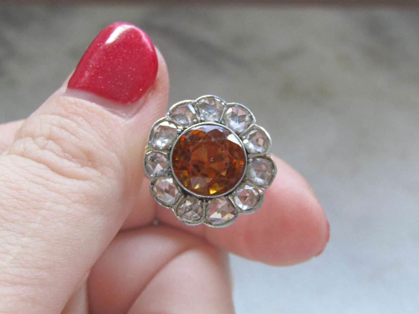 Antique Citrine Daisy Ring, Rose Cut Diamond Halo, 14K Gold Platinum, c. 1900